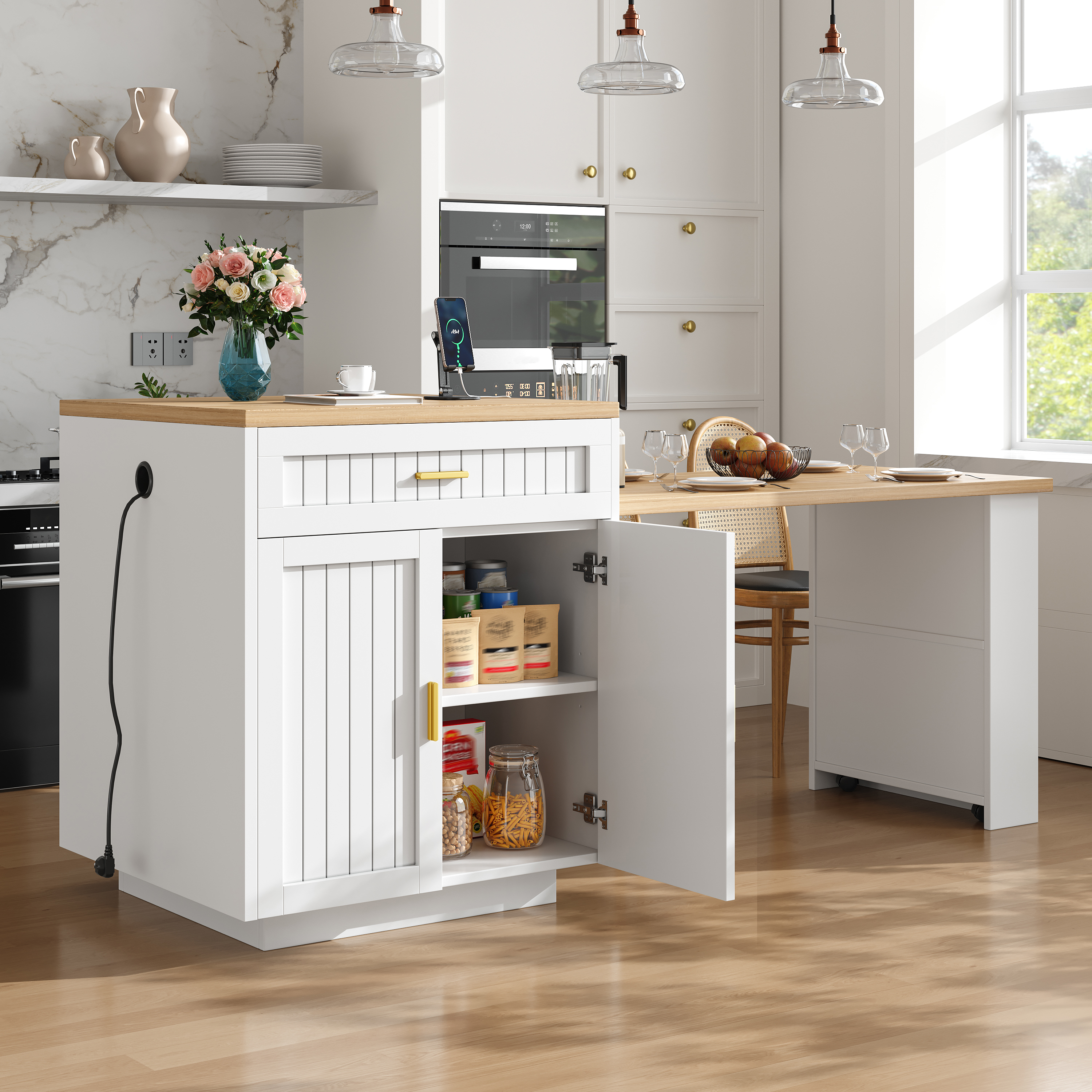 Îlot de cuisine extensible avec prise intégrée 121, 5–192 cm, portes verticales nervurées, 1 tiroir et étagères, blanc, îlot de cuisine, meuble de rangement, cuisine et salle à manger