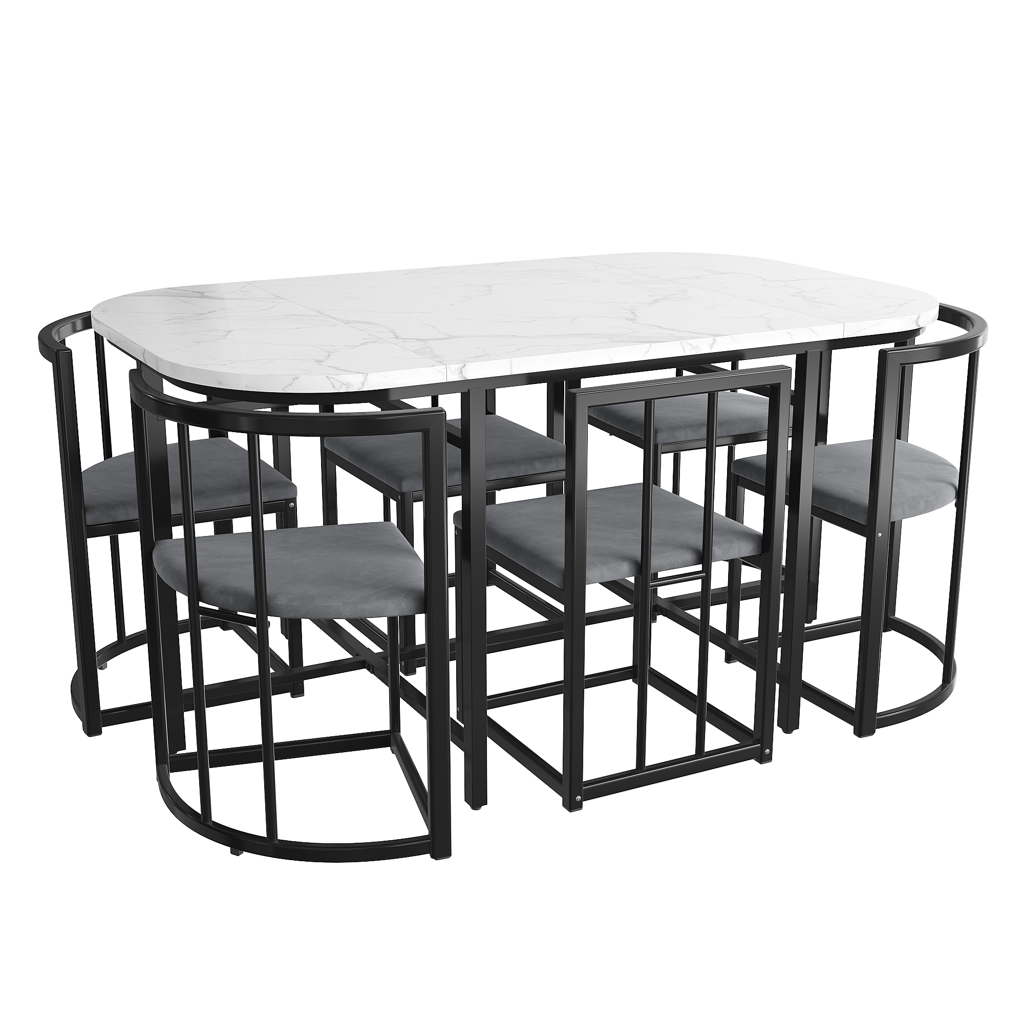 Ensemble table à manger + 6 chaises en MDF, chaises velours gris, cadre fer noir, pour salle à manger, design moderne, confort supérieur, beaucoup de places, style élégant, stabilité, décoration - image 21