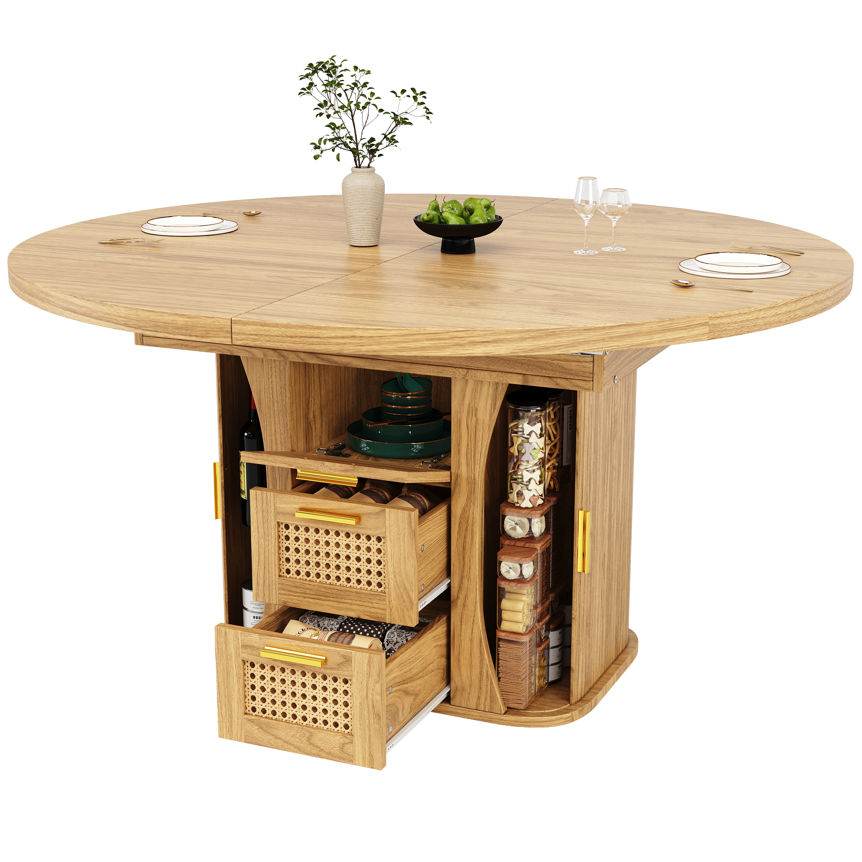 Détail table à manger extensible bois naturel rotin