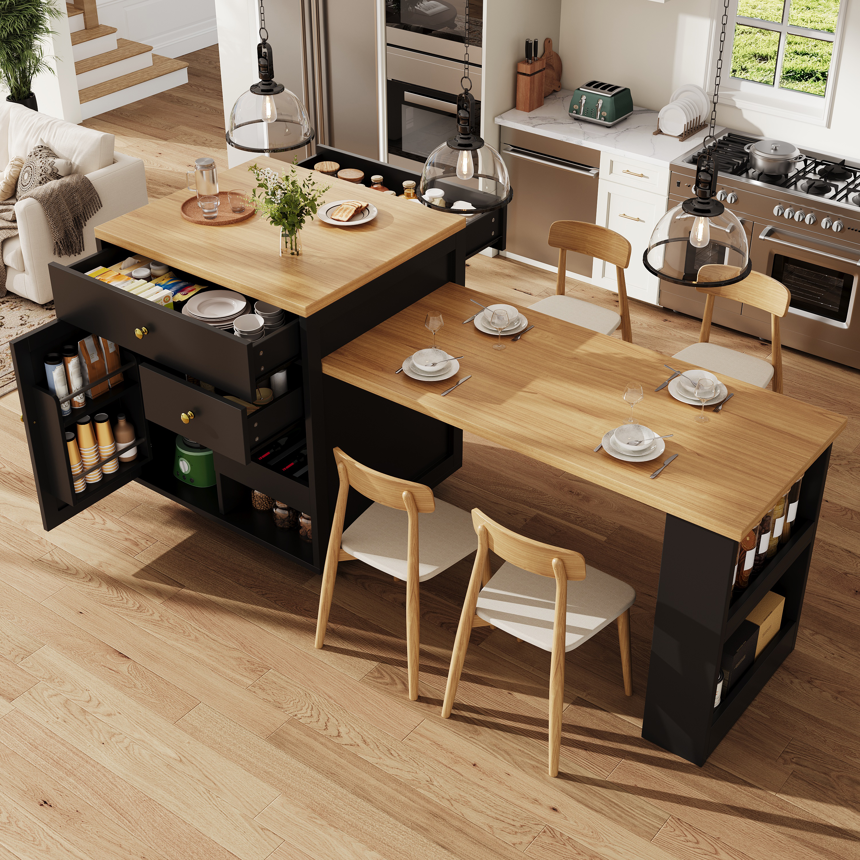 Ilot de cuisine multifonction avec plateau extensible, 122, 5–195, 5 cm, blanc/noir, capacité de charge jusqu'à 60 kg, îlot de cuisine, meuble de rangement, cuisine et salle à manger