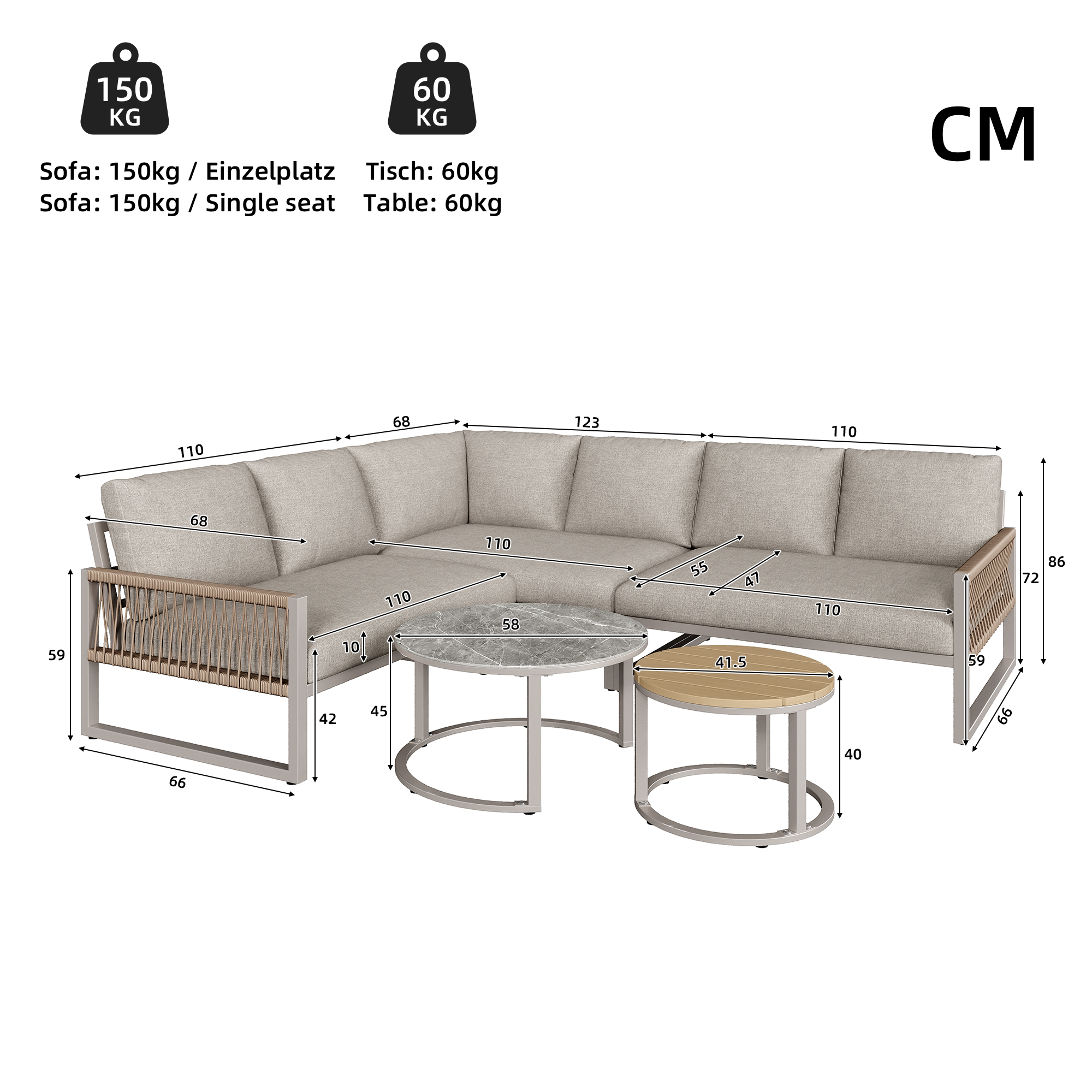 Détail tressage corde et cadre métal beige