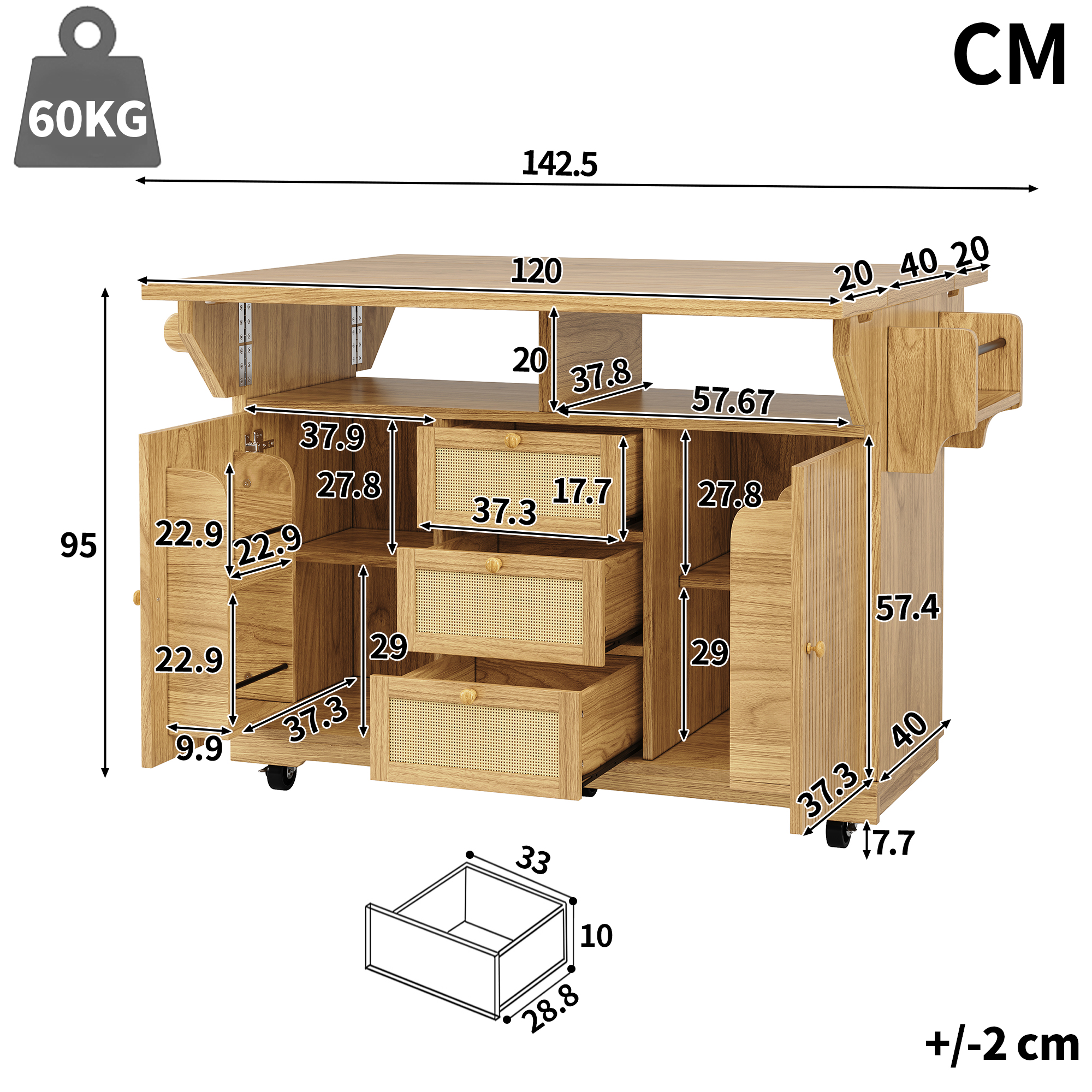 Chariot de service dépliant, chariot de cuisine 95 cm à hauteur ergonomique, tiroirs en rotin PE, chariot mobile pour cuisine, balcon et camping, marron naturel, desserte de cuisine