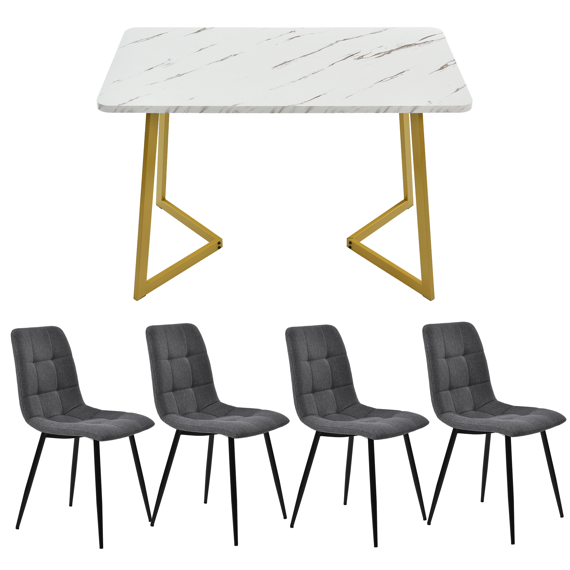 Ensemble table et chaises, 5 pièces, 1 table + 4 chaises, tissu effet lin et MDF, gris foncé - vue 2
