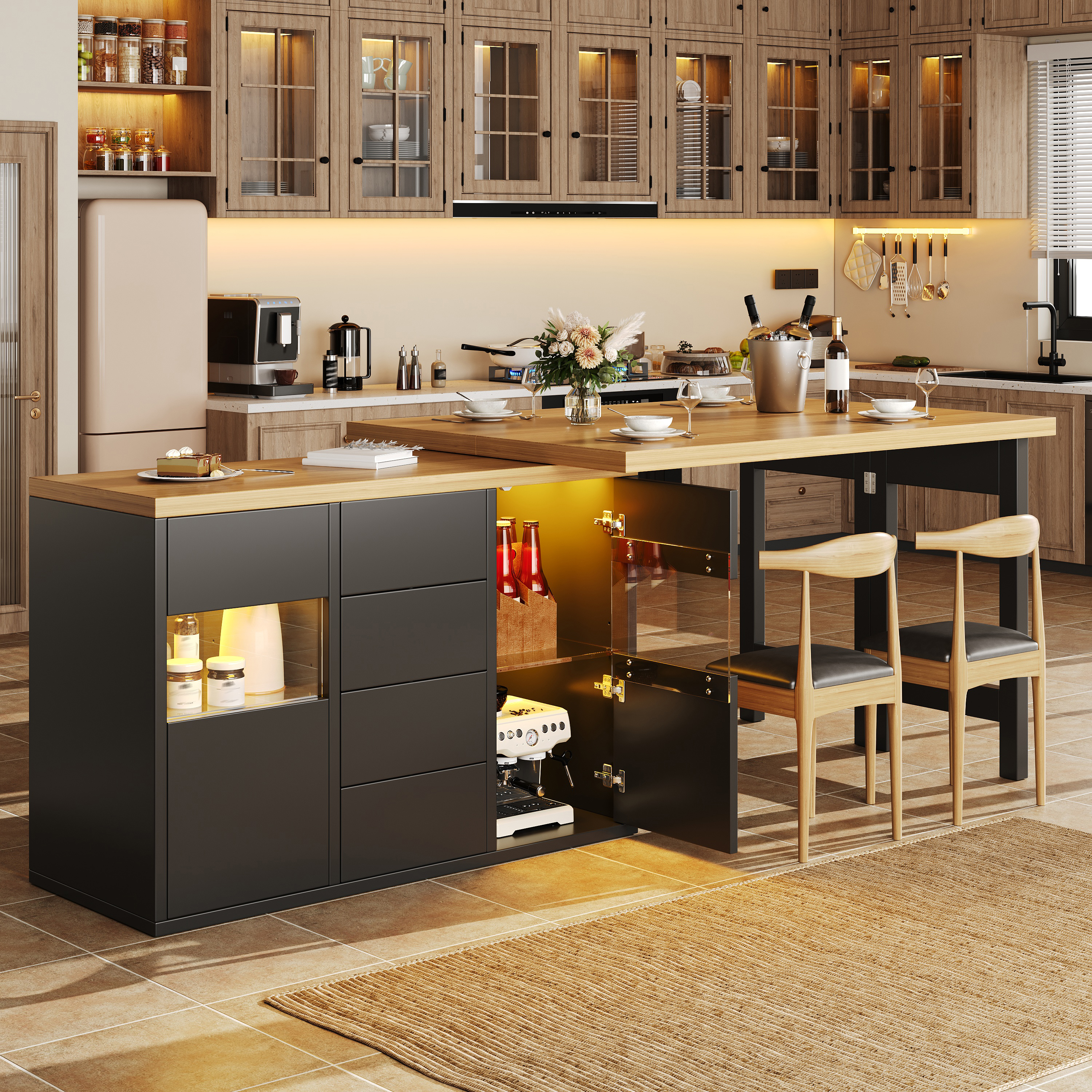 Îlot de cuisine rotatif à 360° avec LED RVB contrôlées par application 120-197 cm, portes en verre, 4 grands tiroirs et étagères réglables, blanc/noir, îlot de cuisine, meuble de rangement