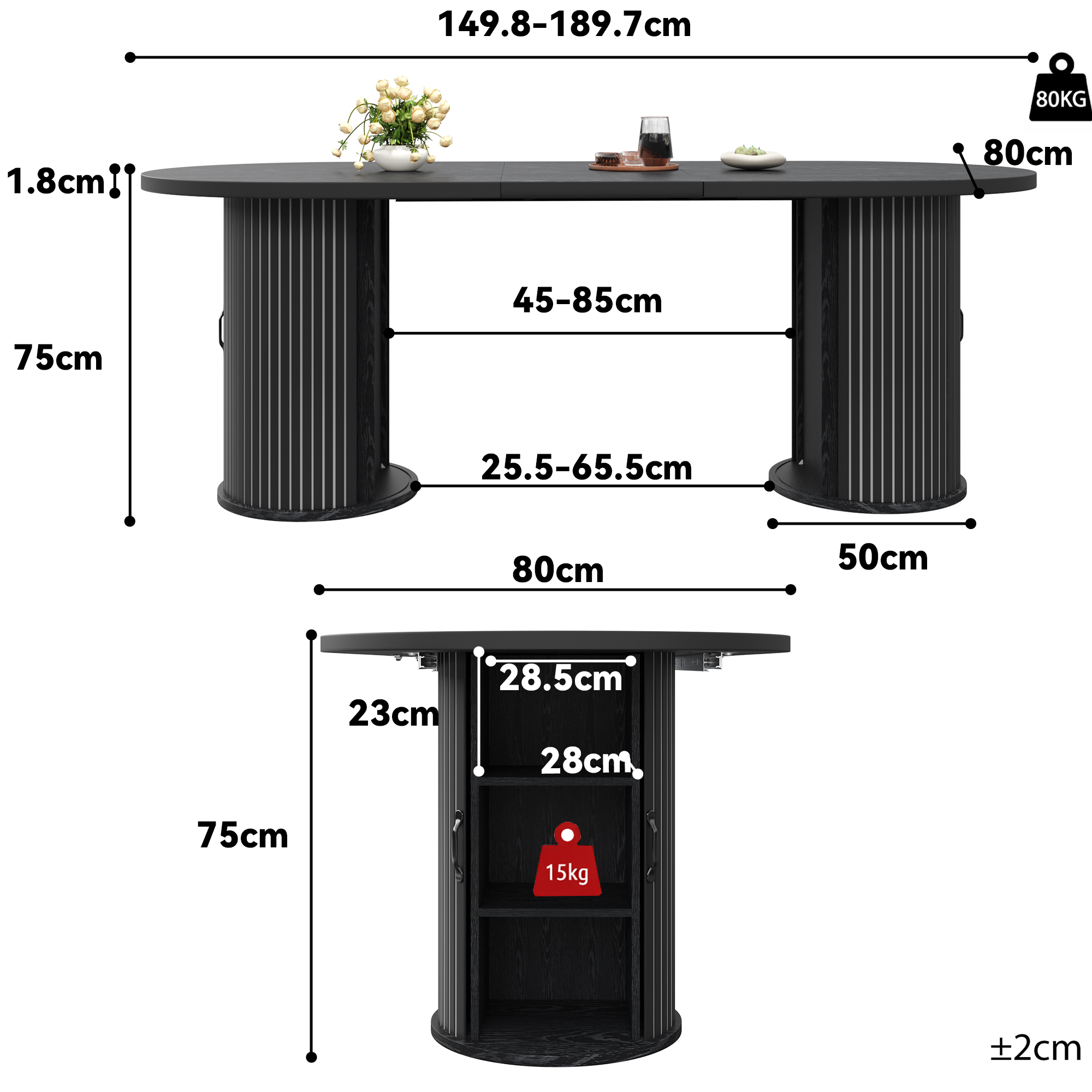 Table à manger extensible télescopique 150–190 × 80 × 75 cm avec rangement dissimulé - vue 4