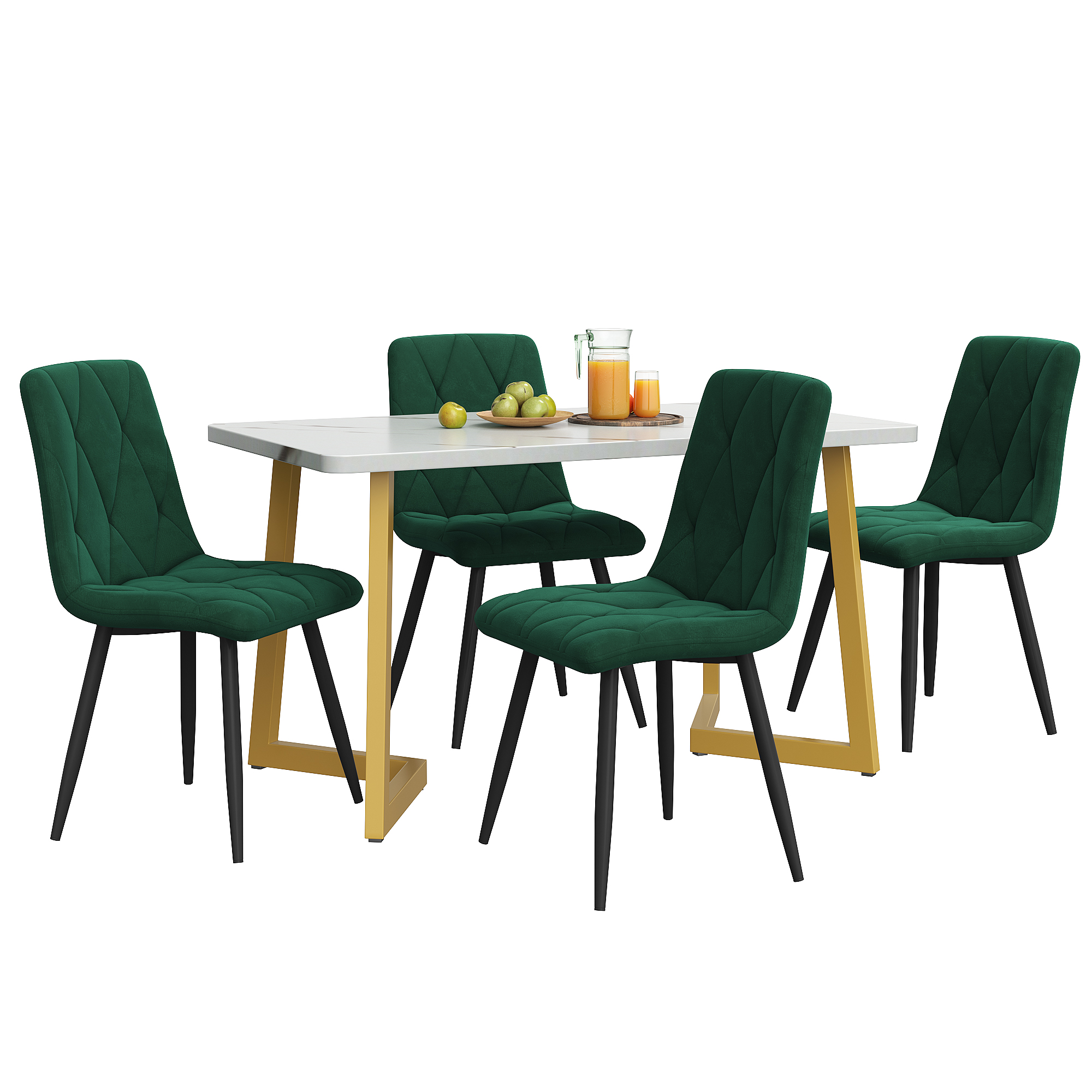 Ensemble table et chaises, 5 pièces, 1 table + 4 chaises, velours et MDF, vert foncé - vue 1