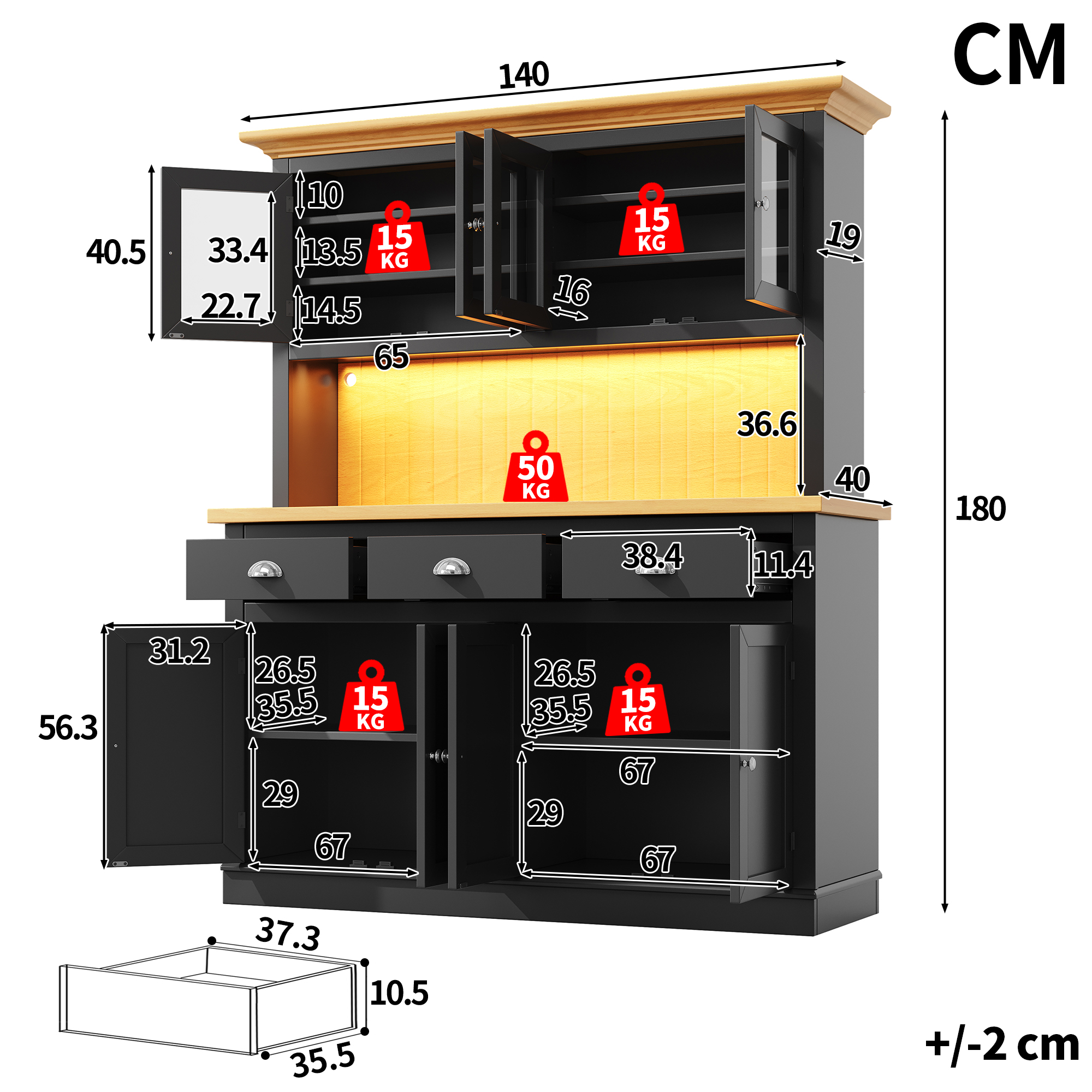 Buffet de cuisine 140 x 40 x 180 cm, LED, étagères réglables, MDF et verre, Noir - détails