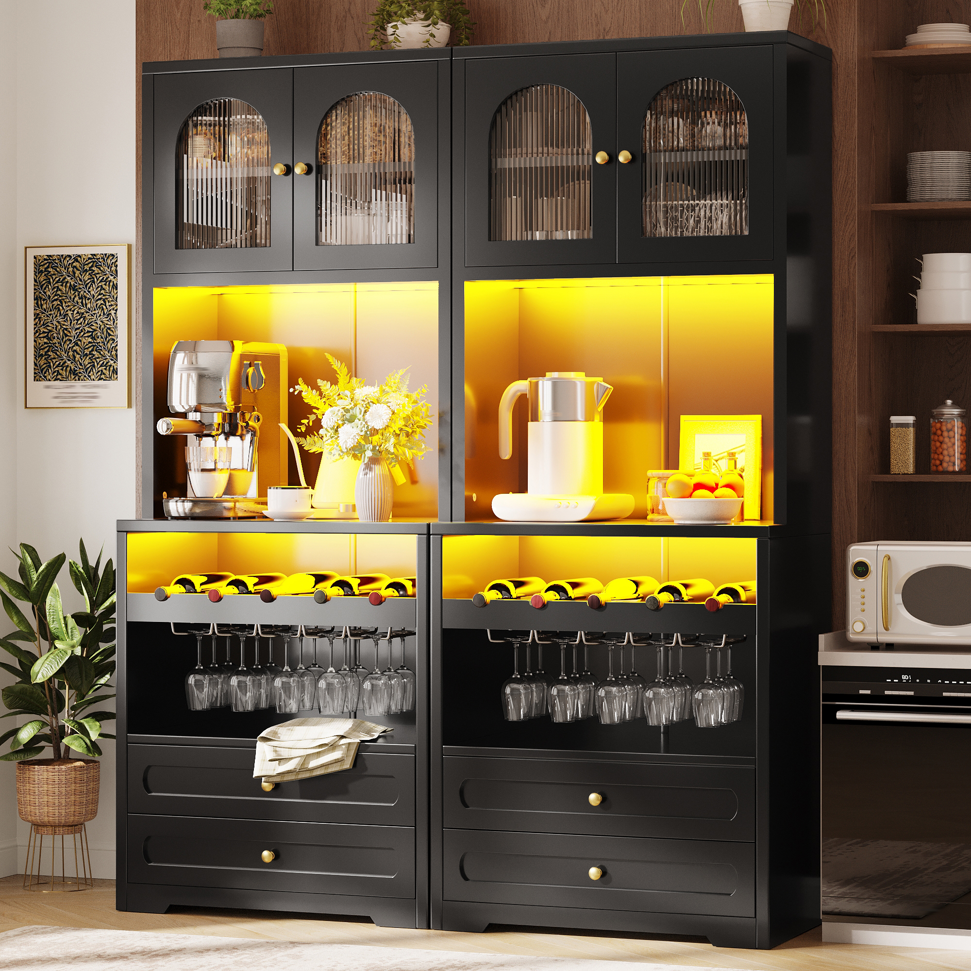 Meuble haut avec portes en verre courbées, éclairage LED via application & synchronisation musicale, étagères réglables, casier à vin, port USB, anti-basculement, pour salon & salle à manger Noir