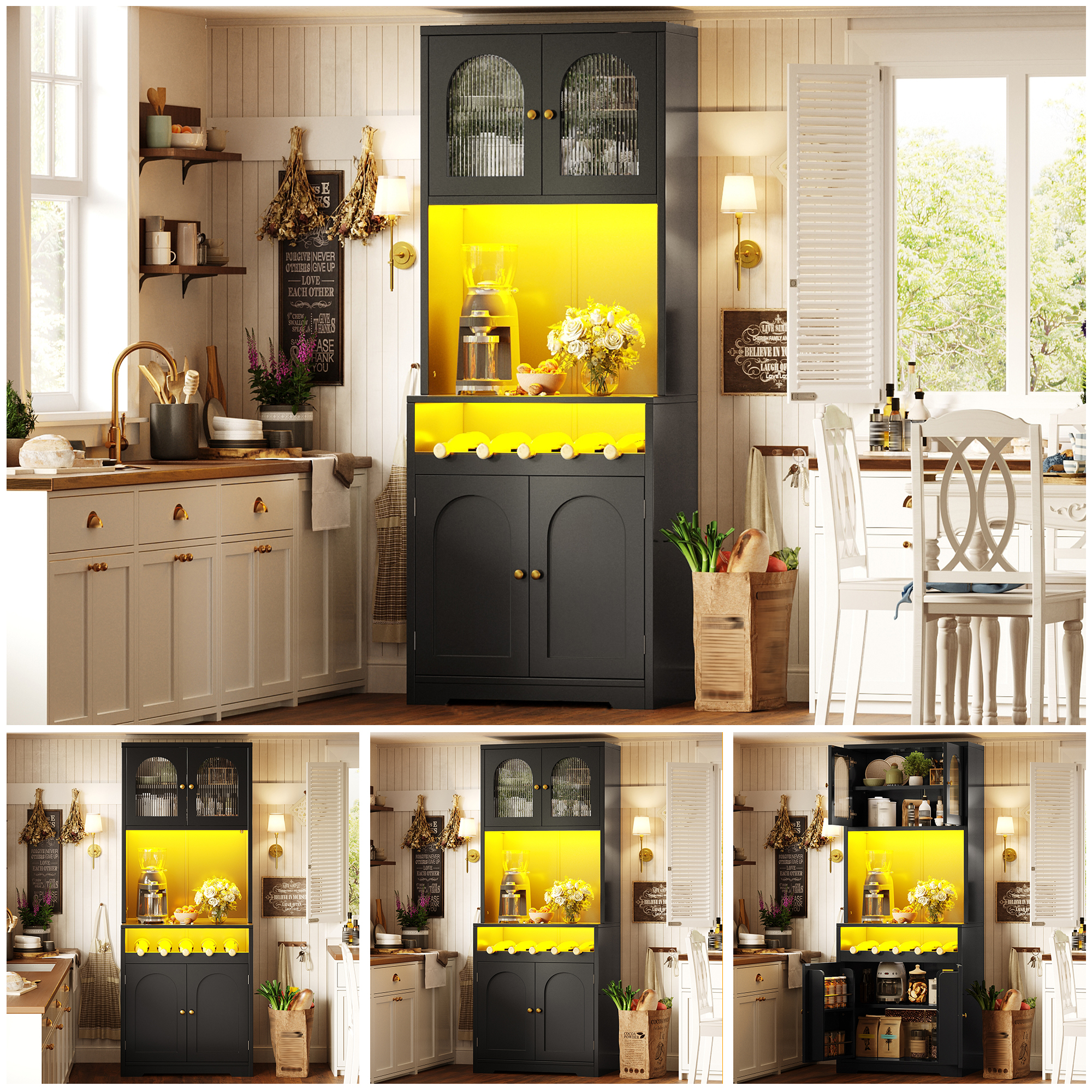 Hochbuffetschrank 180cm Schwarz mit App-RGB-LED, g