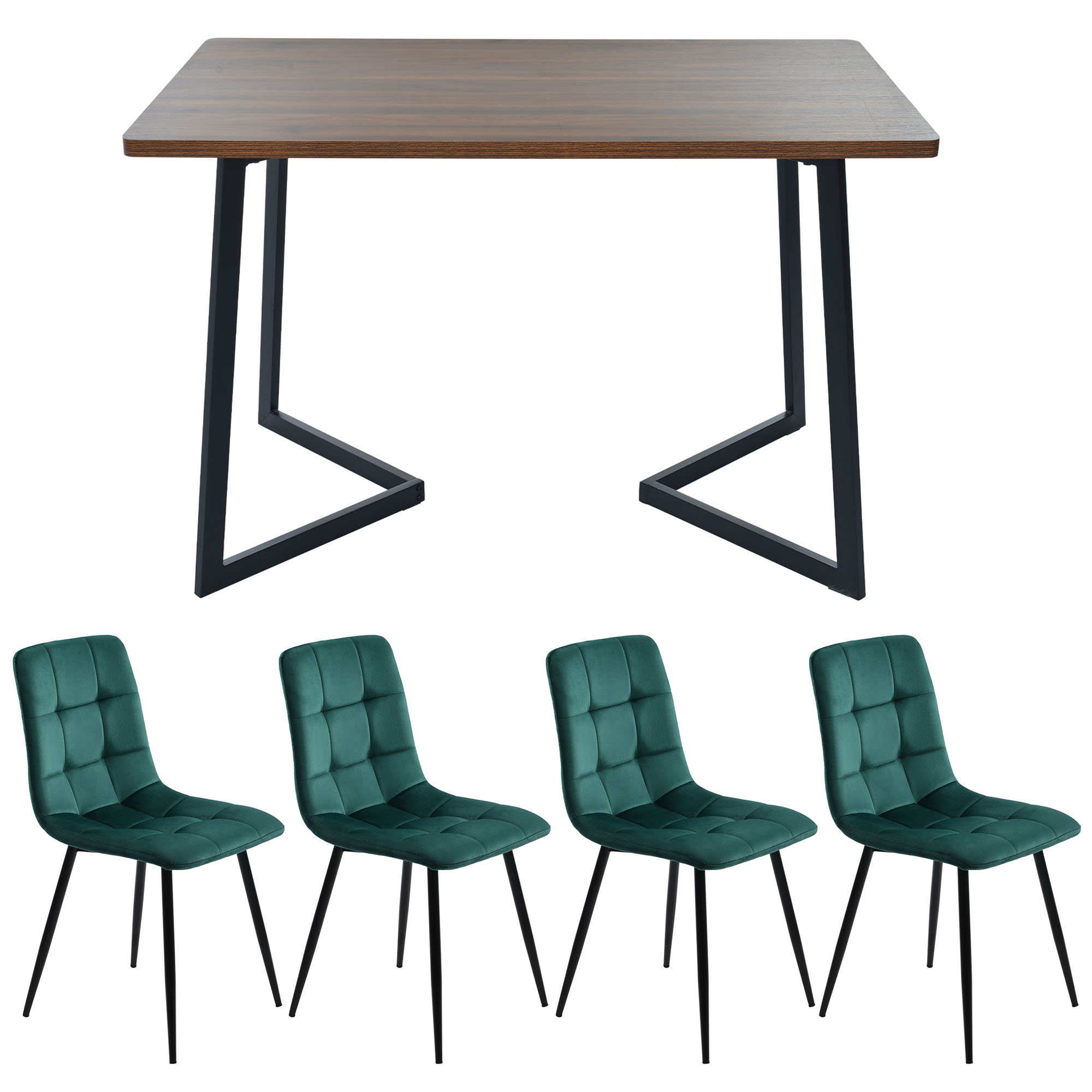 Ensemble table et chaises, 5 pièces, 1 table + 4 chaises, métal et bois, vert foncé - vue 1
