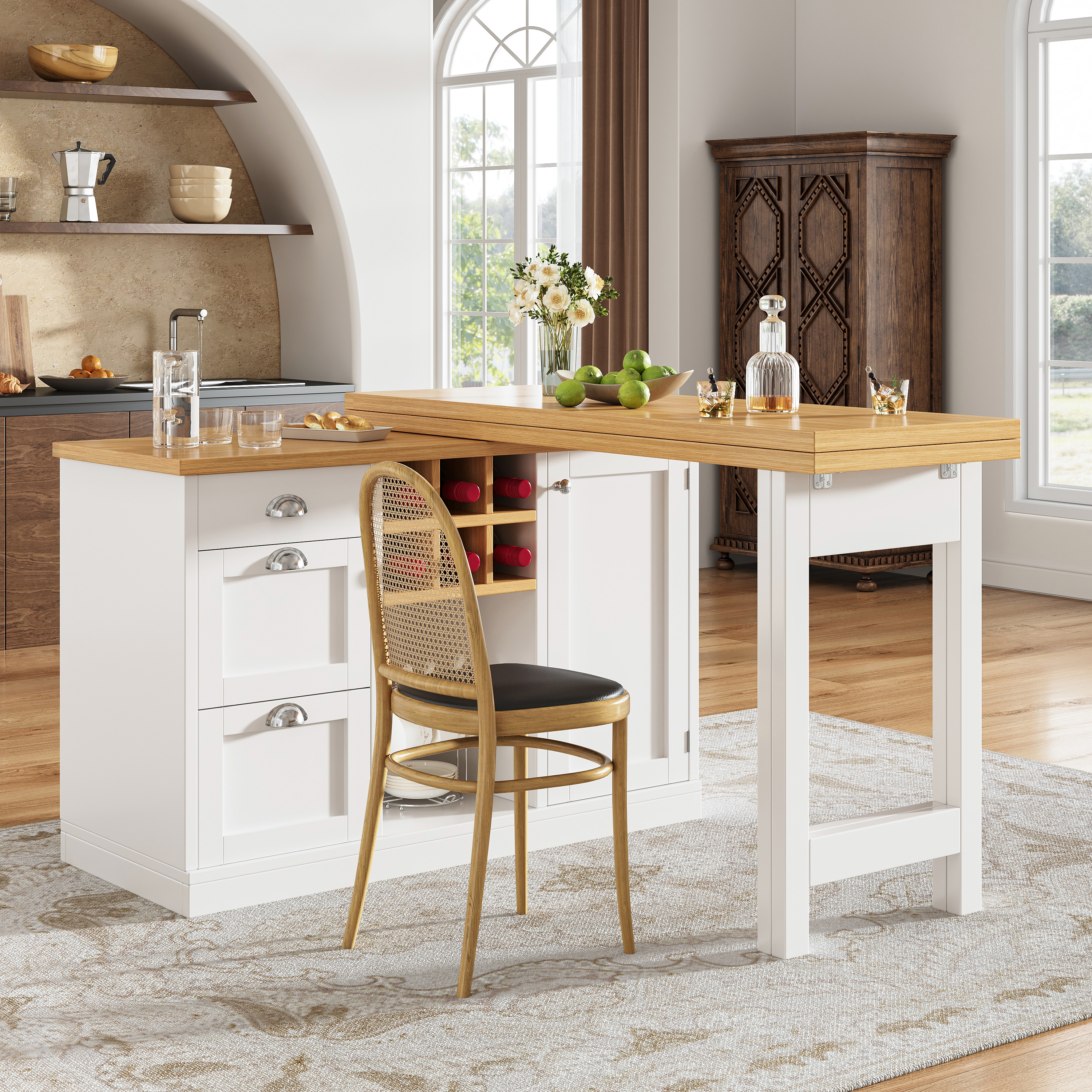 Table de bar multifonctionnelle avec rangement, îlot de cuisine extensible avec casier à vin et tiroir, poignées en métal, table de cuisine pliante rotative à 360°, chariot de service pour petits