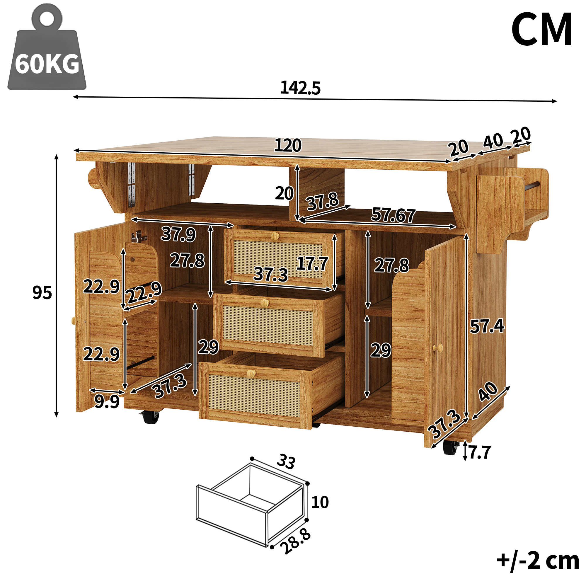 Chariot de service dépliant, chariot de cuisine 95 cm à hauteur ergonomique, tiroirs en rotin PE, chariot mobile pour cuisine, balcon et camping, marron foncé, desserte de cuisine, chariot de service