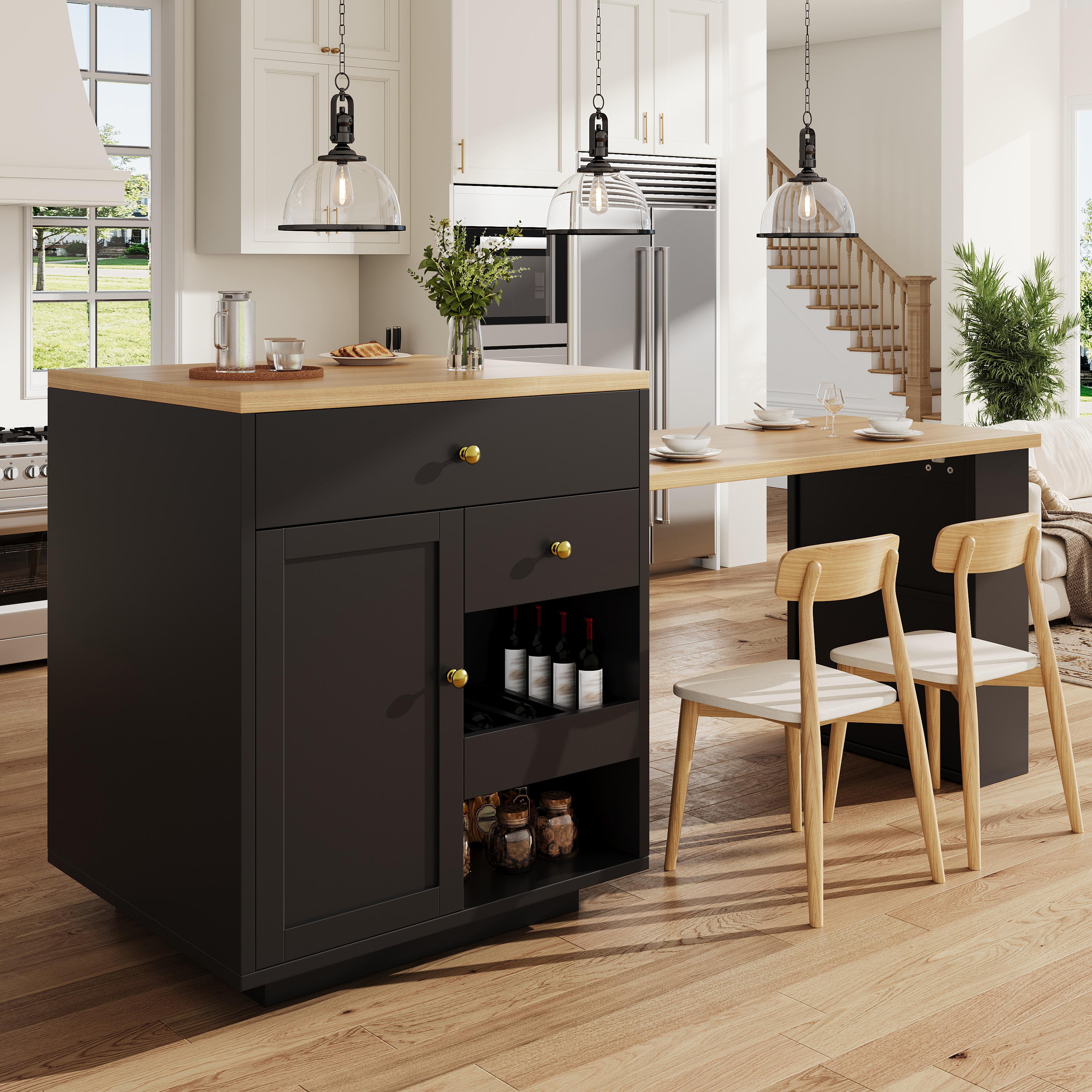 Ilot de cuisine multifonction avec plateau extensible, 122, 5–195, 5 cm, blanc/noir, capacité de charge jusqu'à 60 kg, îlot de cuisine, meuble de rangement, cuisine et salle à manger