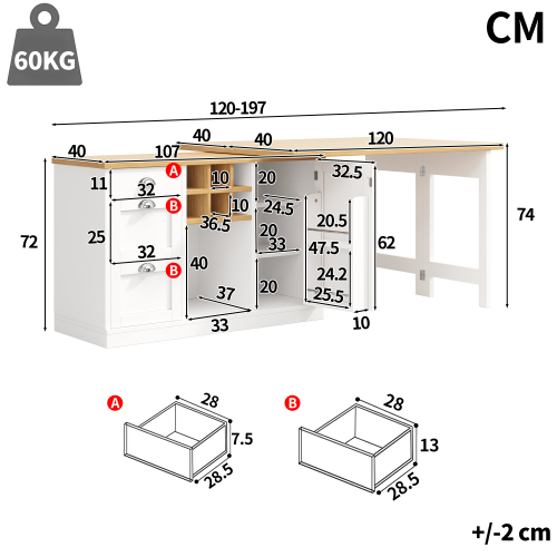 Dimensions de la table de bar extensible pivotante