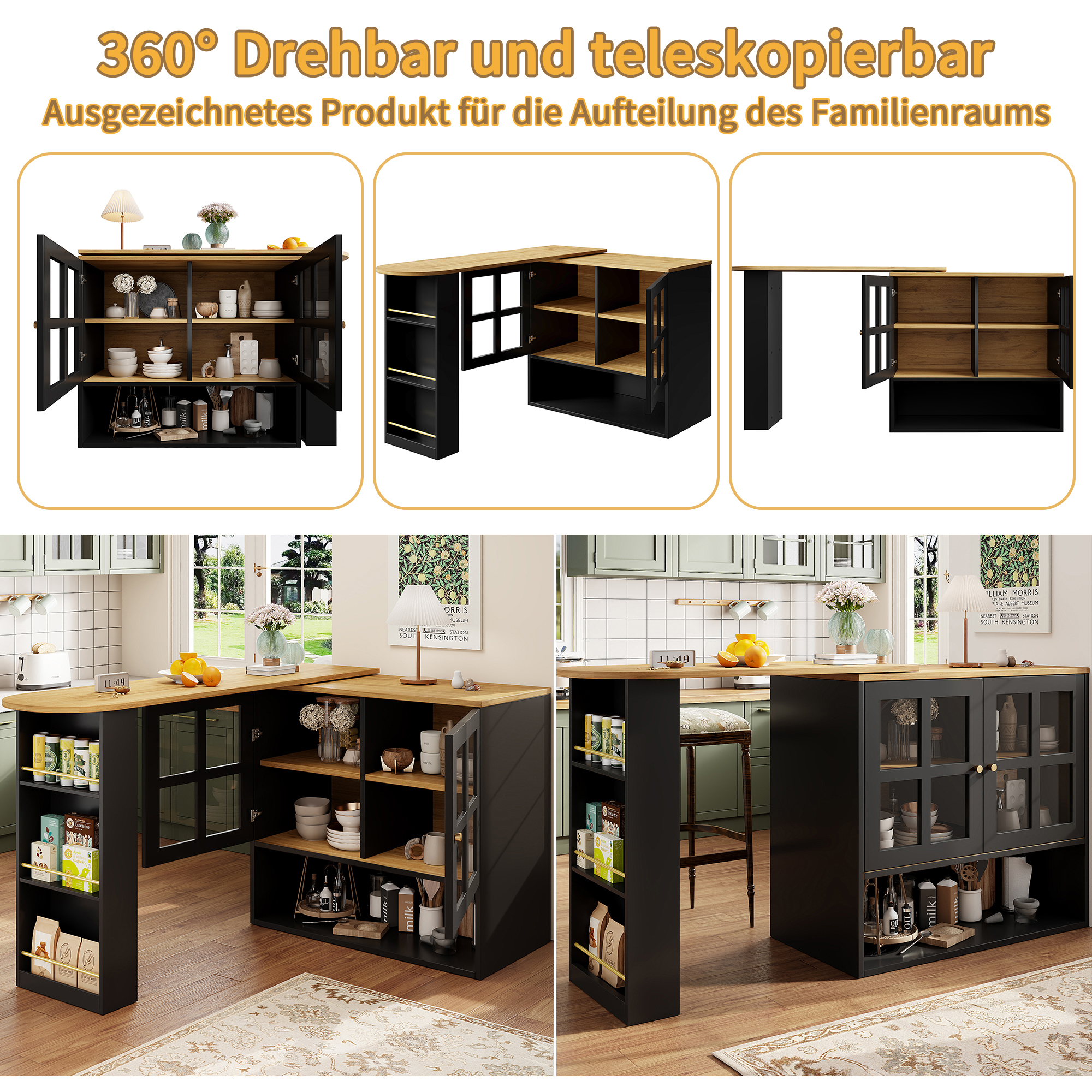 Buffet haut 138 cm extensible à 204 cm, portes verre trempé, poignées métal, MDF, pour salon et entrée, design élégant, beaucoup de rangement, style moderne, stabilité, facile montage, décoration - image 7