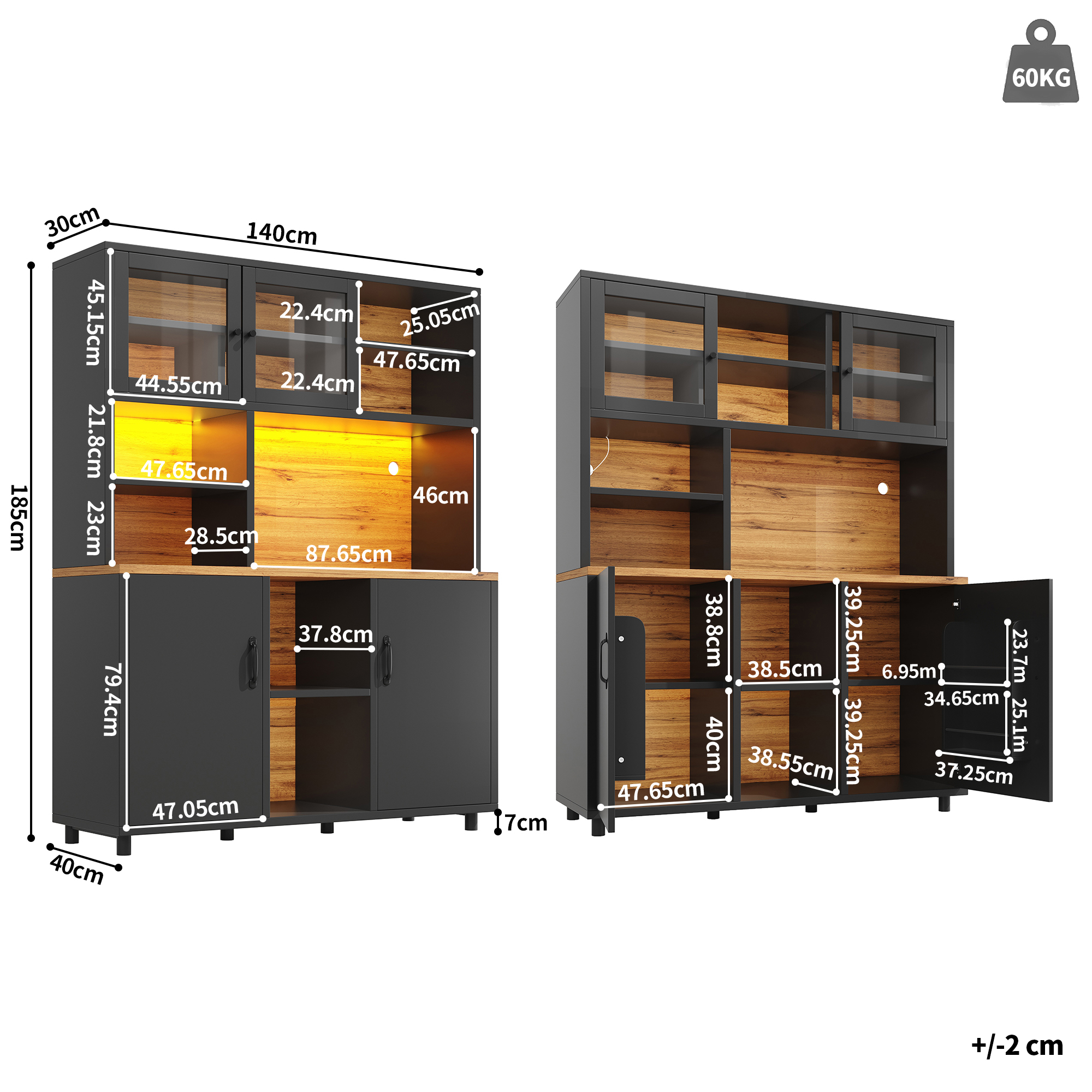 Meuble haut avec éclairage LED, contrôle par application, meuble de cuisine de 185 cm de haut avec portes coulissantes et étagères réglables, noir avec grain de bois, pour cuisine et salle à manger
