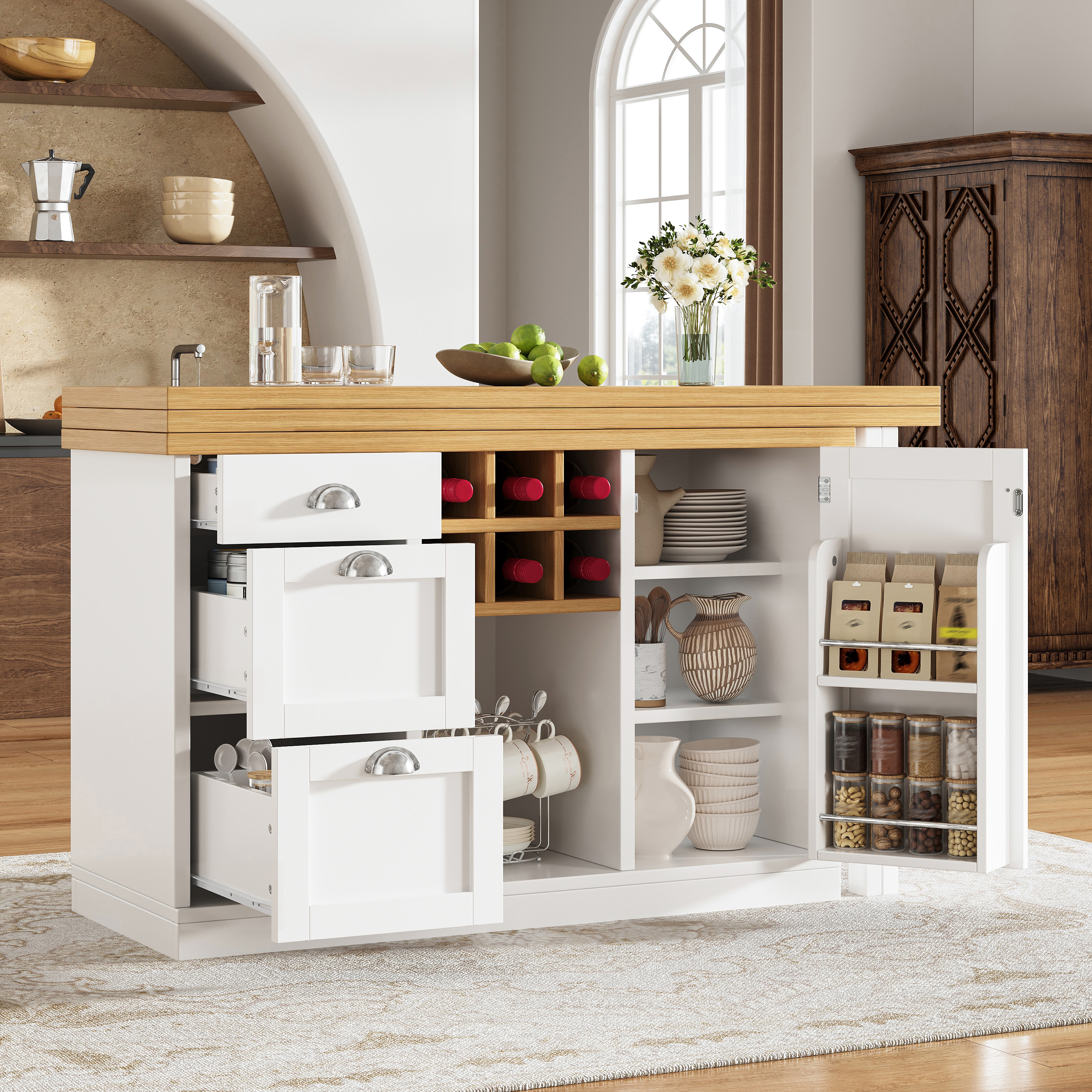 Table de bar multifonctionnelle avec rangement, îlot de cuisine extensible avec casier à vin et tiroir, poignées en métal, table de cuisine pliante rotative à 360°, chariot de service pour petits