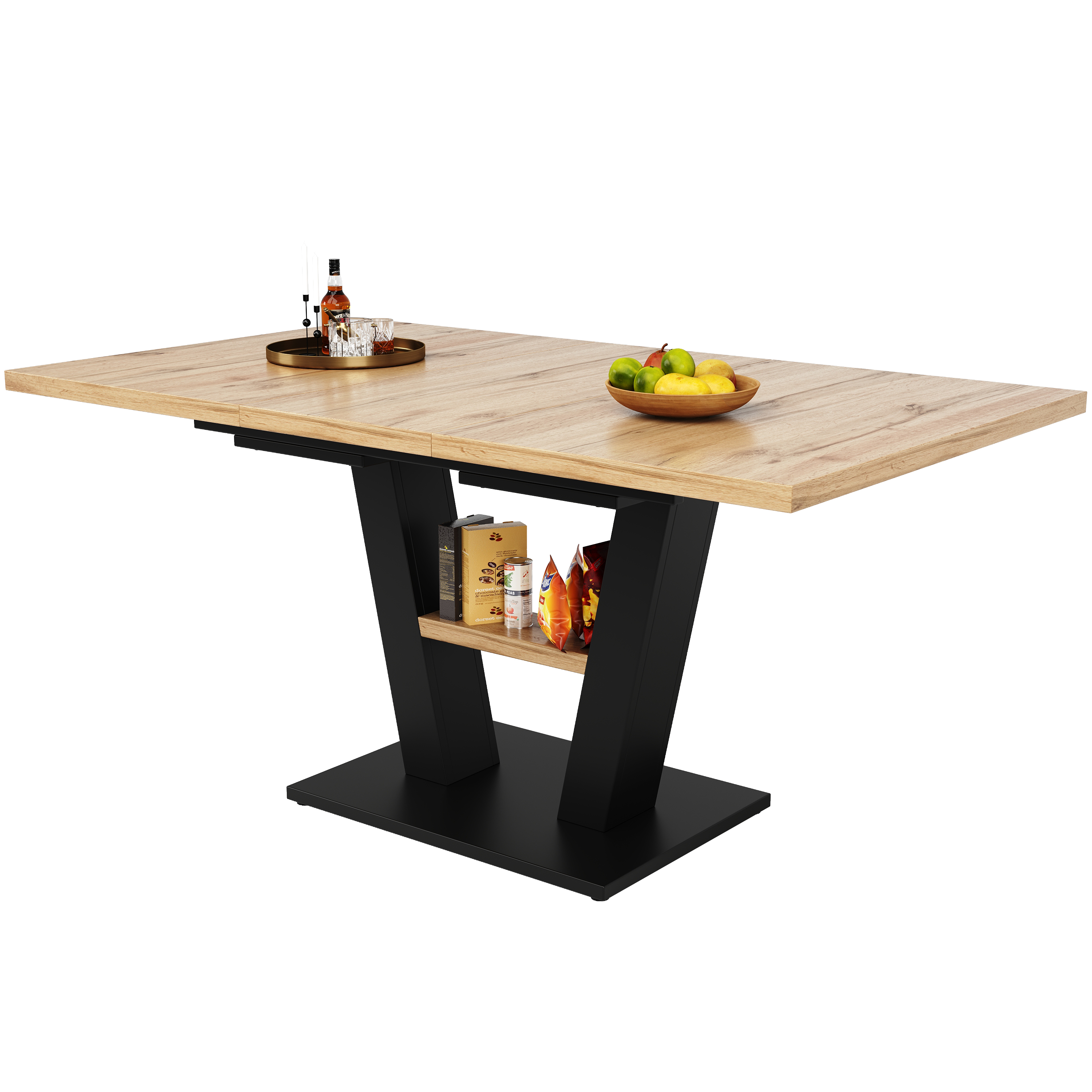 Table à manger extensible 118–157 cm pour 6 à 8 personnes, pieds en V rainurés, MDF, métal, Noir et effet bois naturel - vue principale