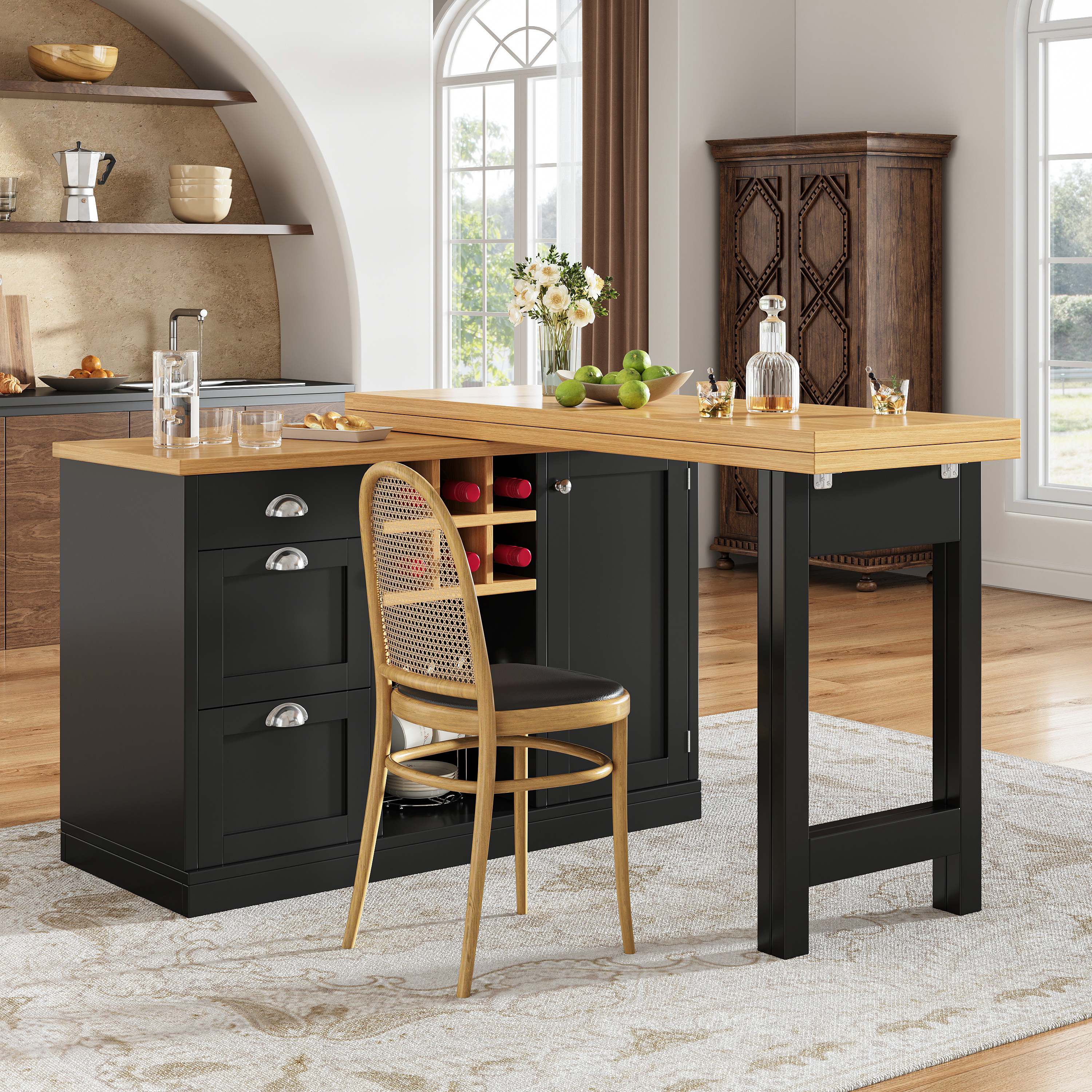 Table de bar multifonctionnelle avec rangement, îlot de cuisine extensible avec casier à vin et tiroir, poignées en métal, table de cuisine pliante rotative à 360°, chariot de service pour petits
