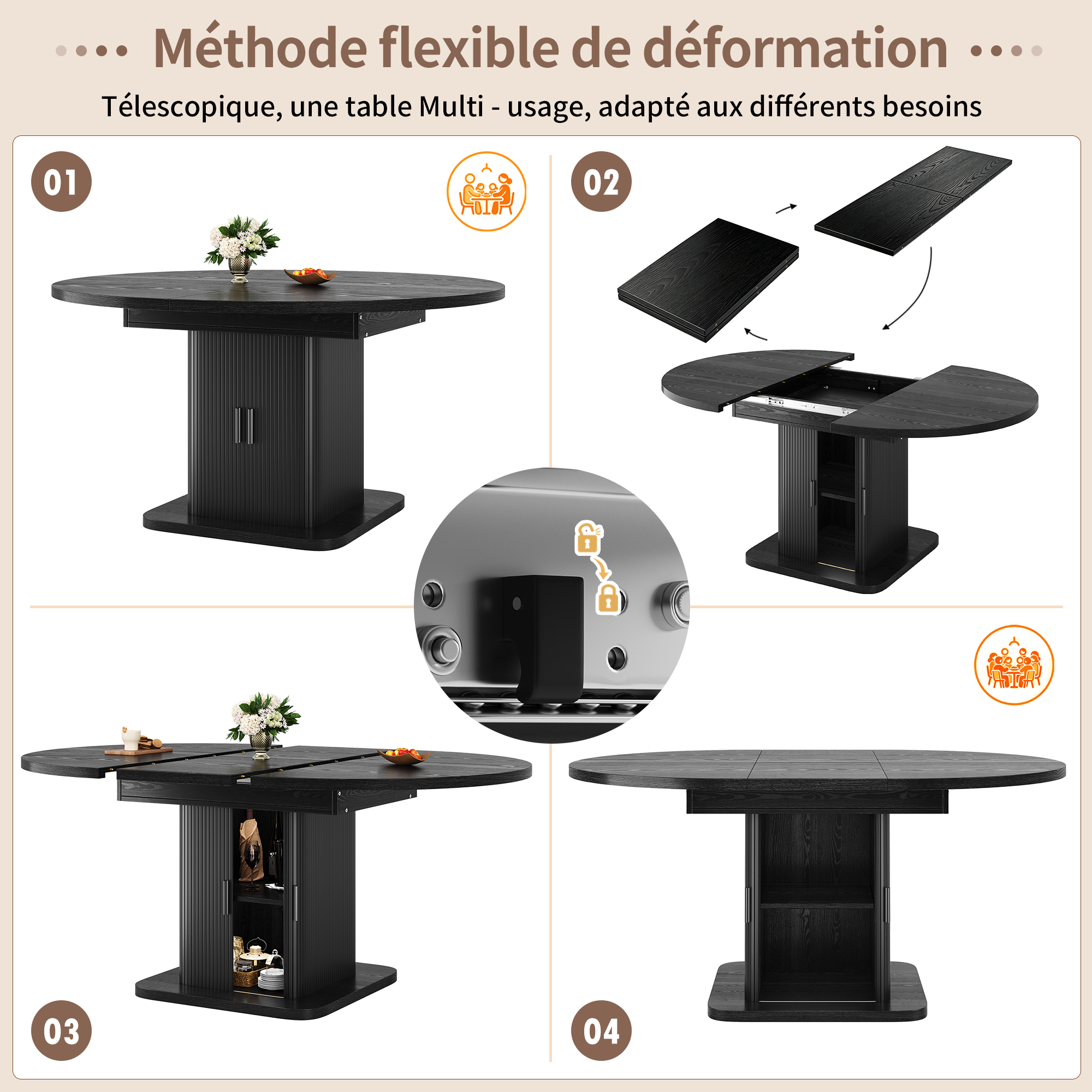 Table à manger extensible 110–149,8 cm x 110 x 75 cm, avec rangement intégré, MDF, métal, Noir - dimensions et détails