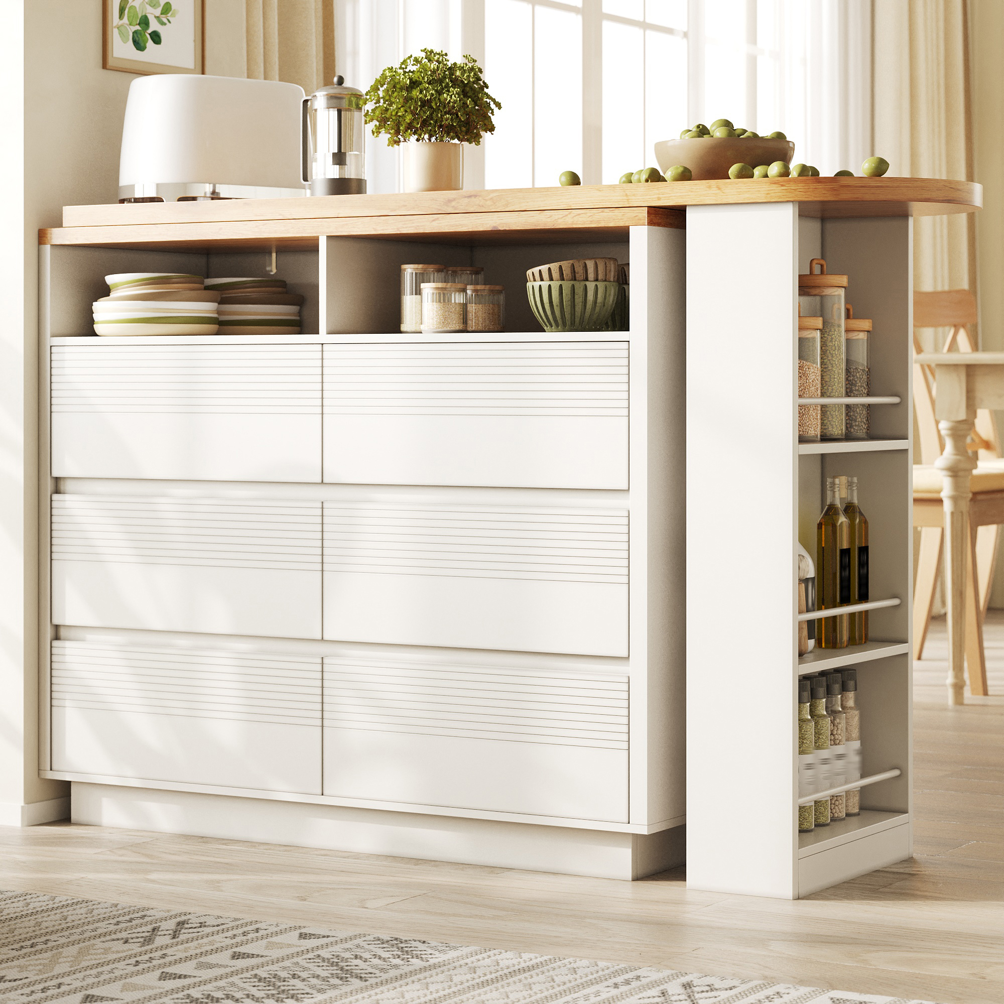 Table de bar extensible avec espace de rangement (137-215 × 39 × 102, 3 cm), table de bar mobile moderne, table de bar télescopique avec six tiroirs, table de bar table de bistro table haute îlot