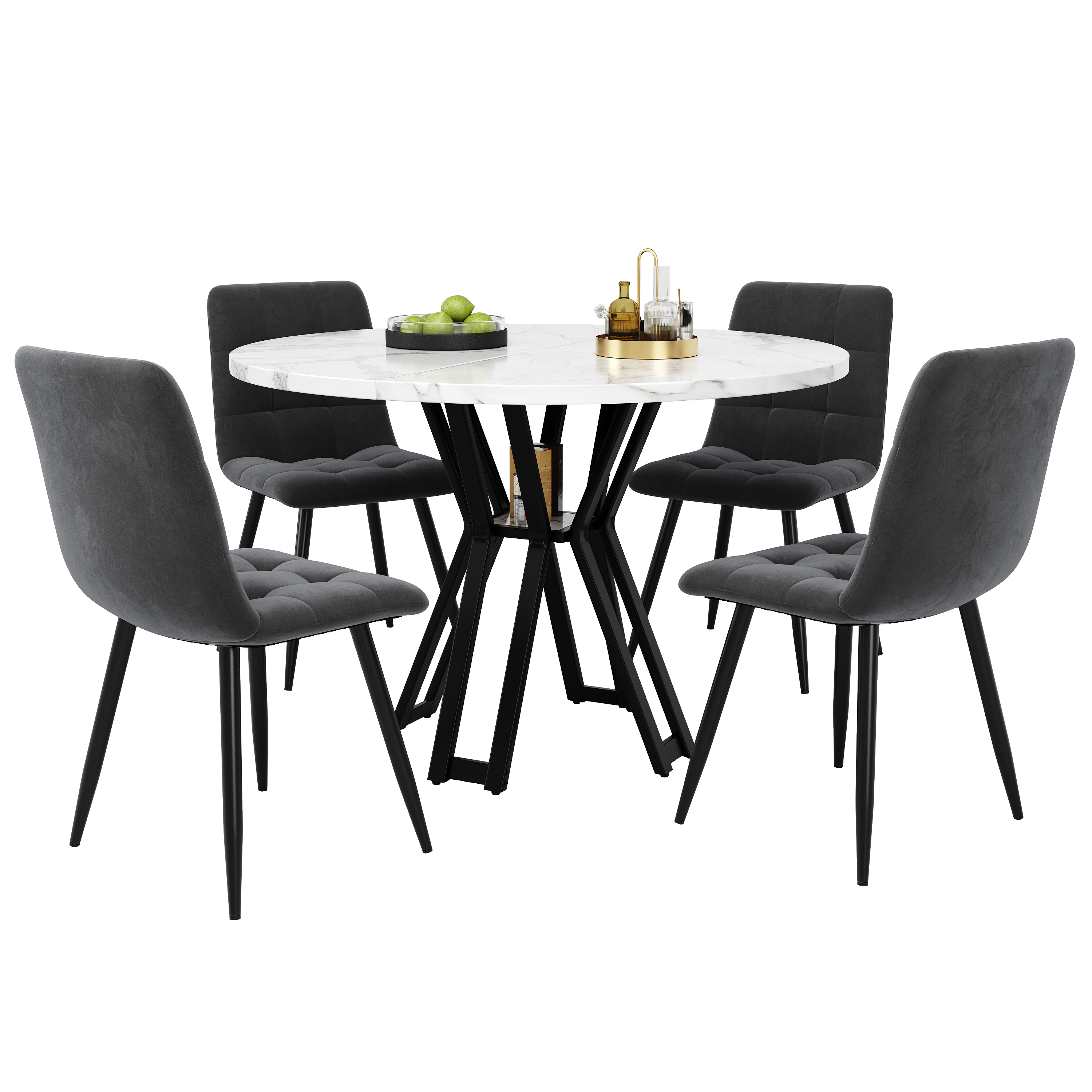 Ensemble table et chaises, 5 pièces, 1 table + 4 chaises, velours et métal, noir - vue 2