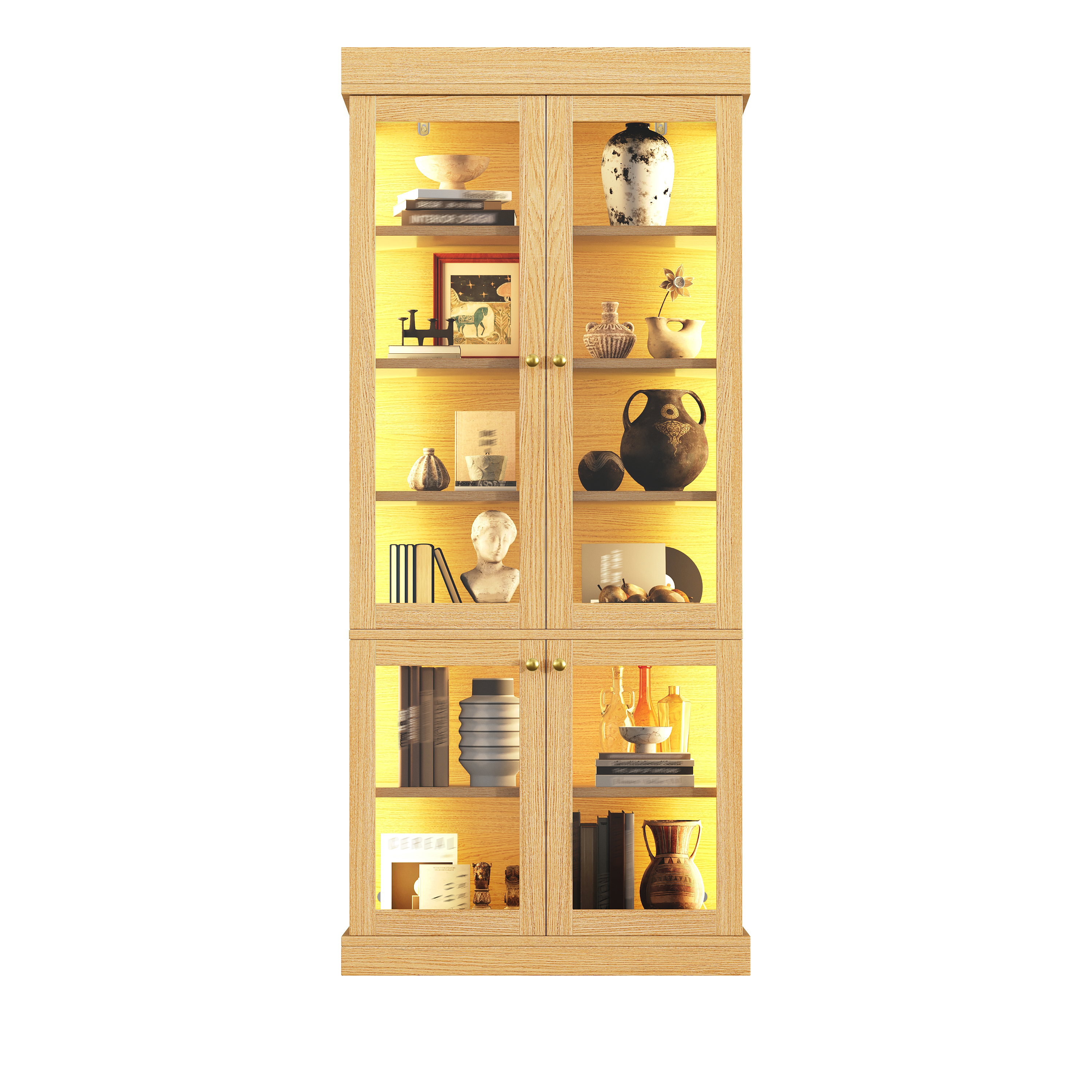 Armoire haute moderne avec éclairage d'ambiance LED intégré, vitrine en verre, aménagement intérieur bien pensé et protection contre les pointes, stable, sûre et polyvalente pour la maison, marron