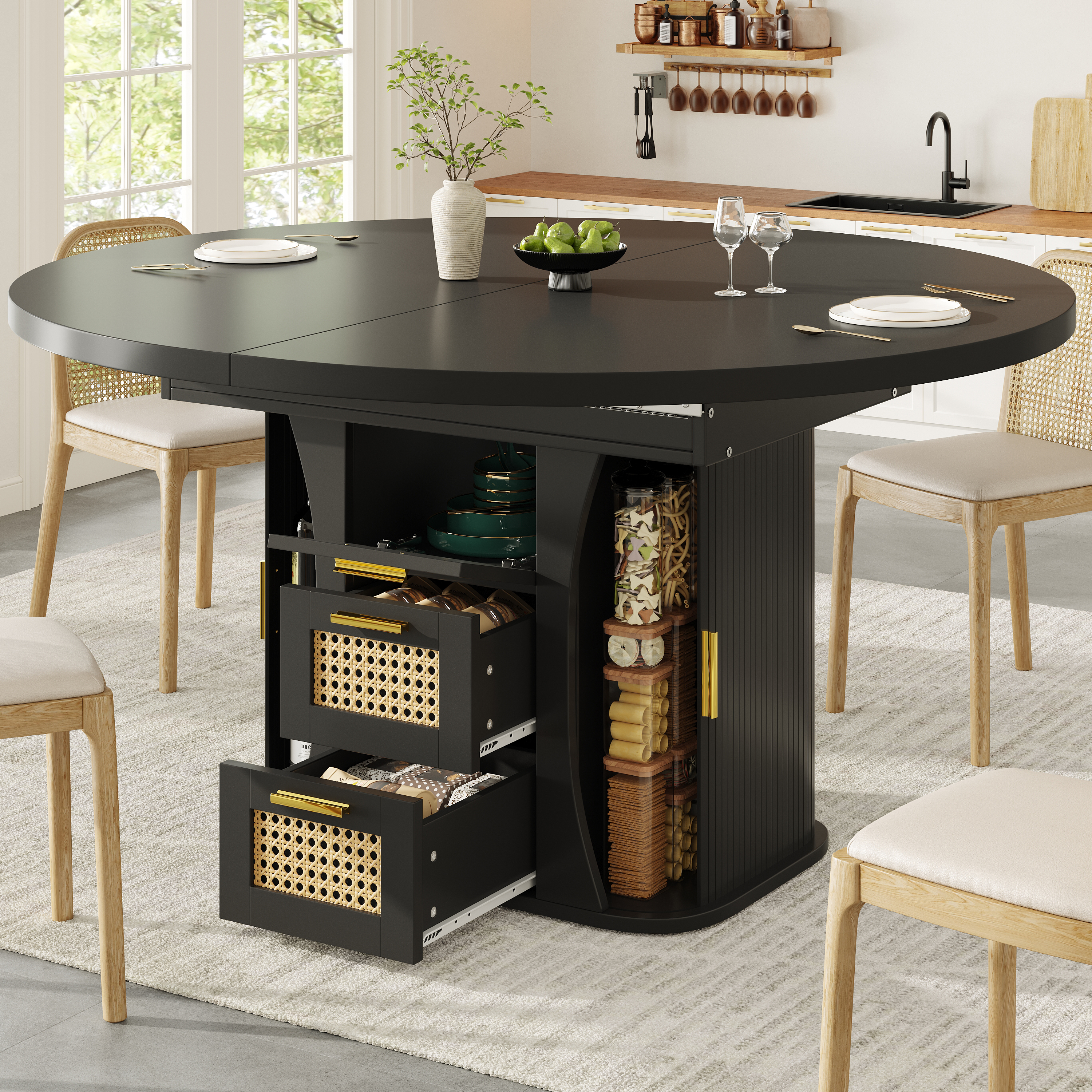 Table à manger extensible avec rangement, table 118-158 cm avec tiroirs en rotin, aspect bois MDF, noir/bois naturel/marron, table à manger extensible, table de salle à manger, mobilier de cuisine