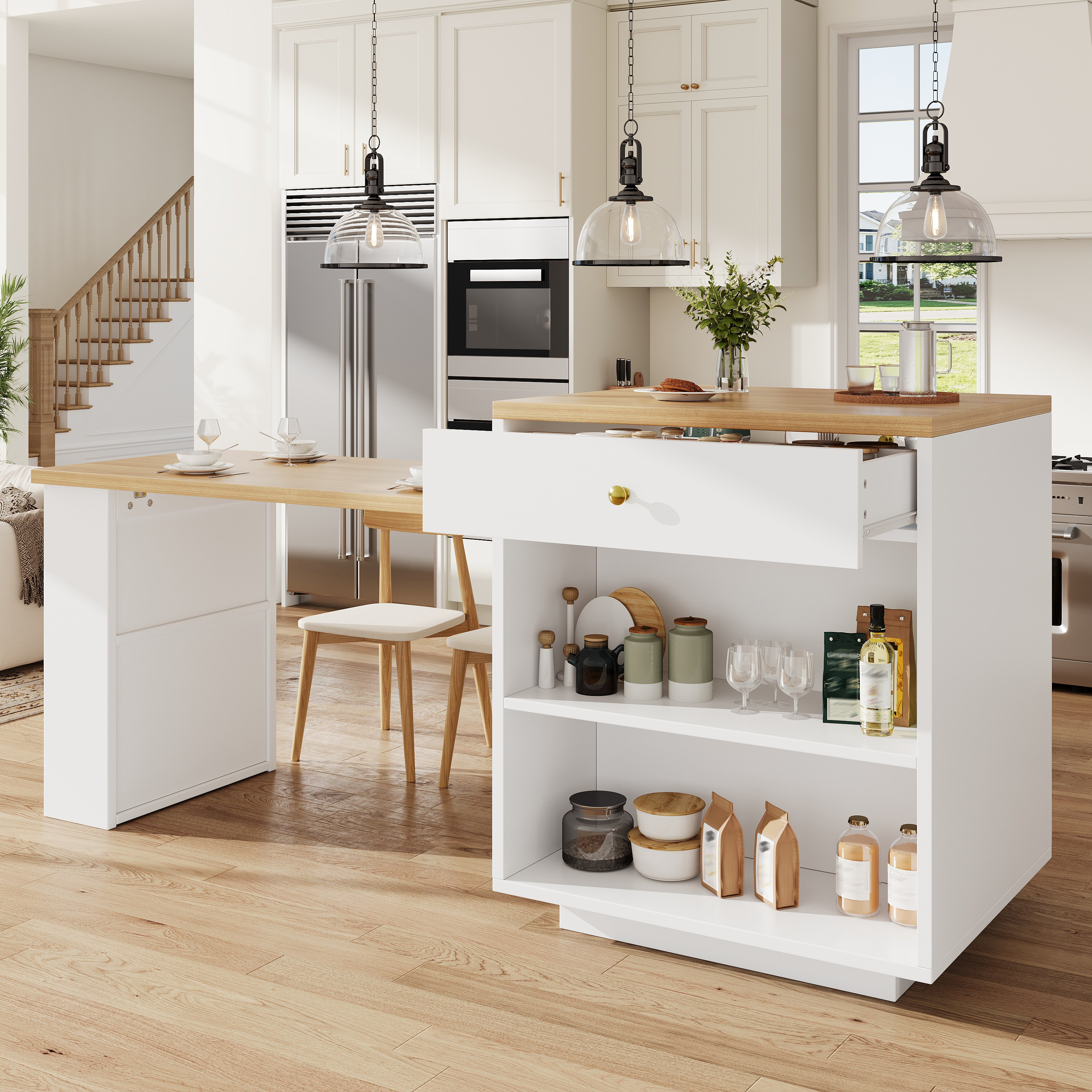 Ilot de cuisine multifonction avec plateau extensible, 122, 5–195, 5 cm, blanc/noir, capacité de charge jusqu'à 60 kg, îlot de cuisine, meuble de rangement, cuisine et salle à manger
