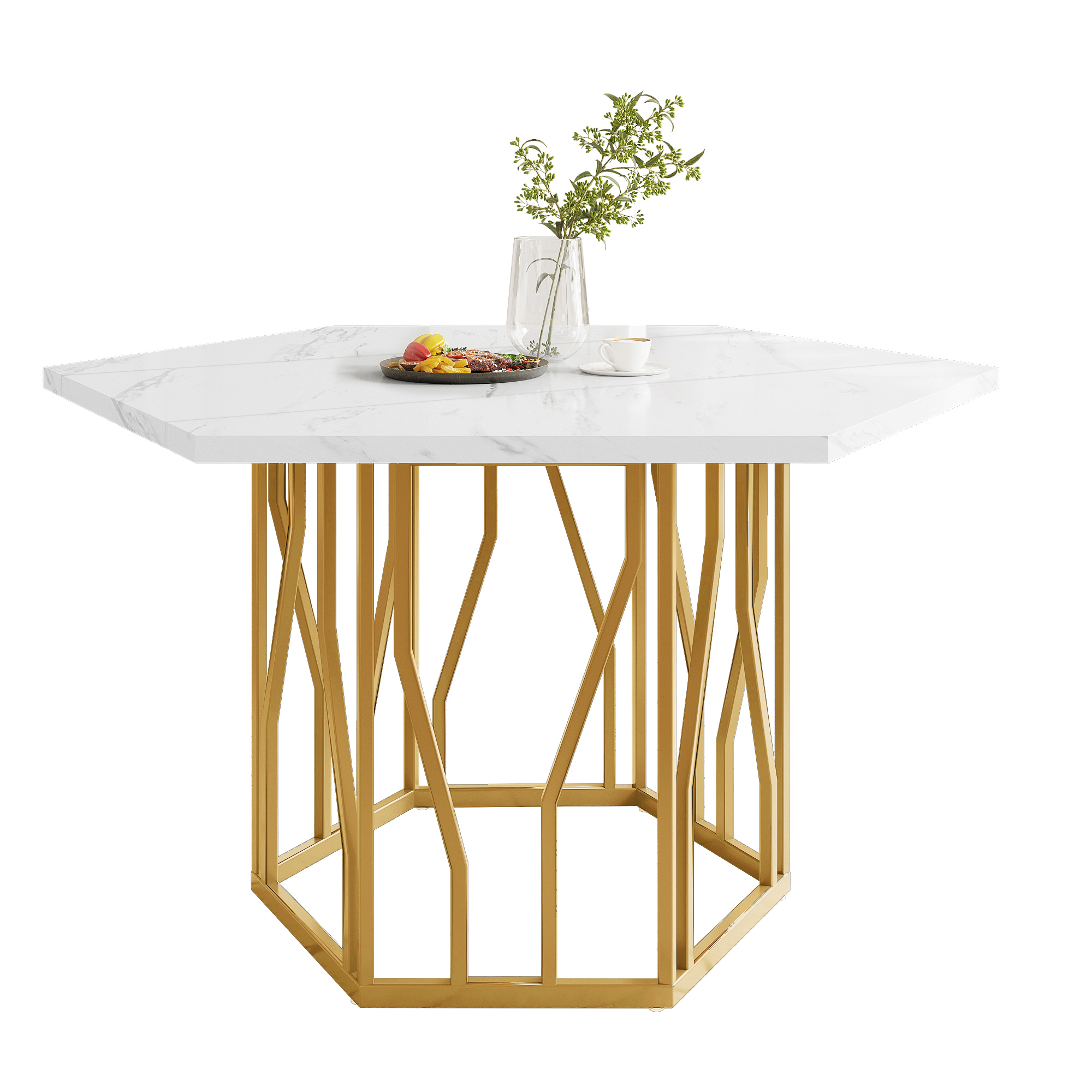Table hexagonale doré blanc vue 2