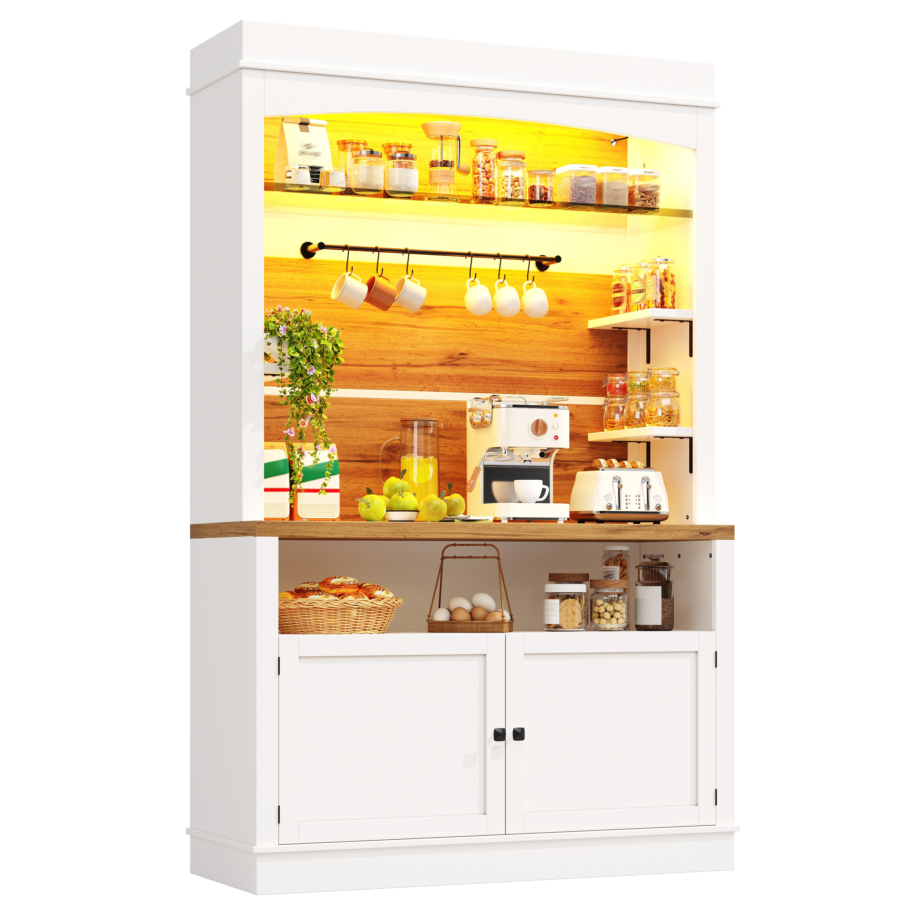 Meuble haut avec éclairage LED et étagère en verre, meuble buffet de 184 cm de haut avec crochet, blanc, peut supporter jusqu'à 60 kg, buffet de cuisine, meuble de rangement, cuisine et salle à manger