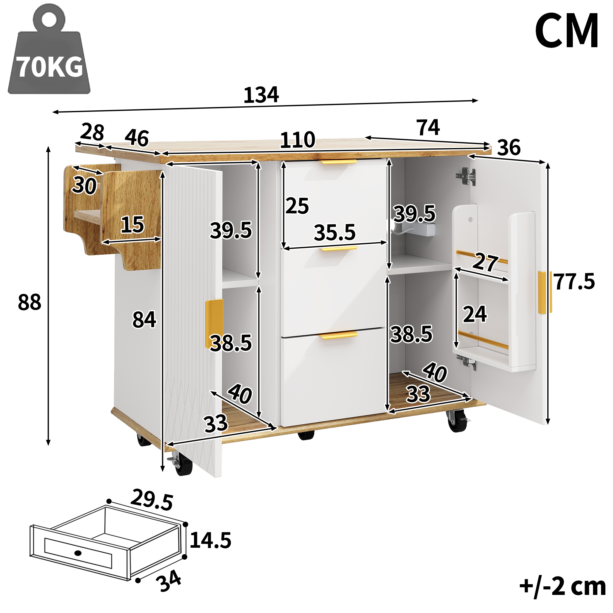 Ensemble chariot de cuisine avec tabourets de bar, îlot de cuisine mobile avec prise électrique et tabourets de bar ergonomiques, aspect bois blanc, desserte de cuisine, chariot de service