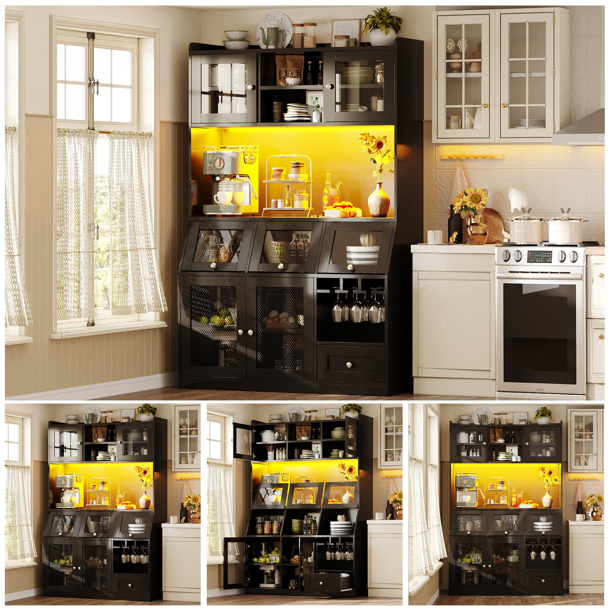 Armoires de cuisine (120 x 40 x 181, 7 cm), armoire haute avec port USB, espace de rangement multifonctionnel avec plan de travail généreux pour cuisine, salle à manger, buffets avec portes vitrées