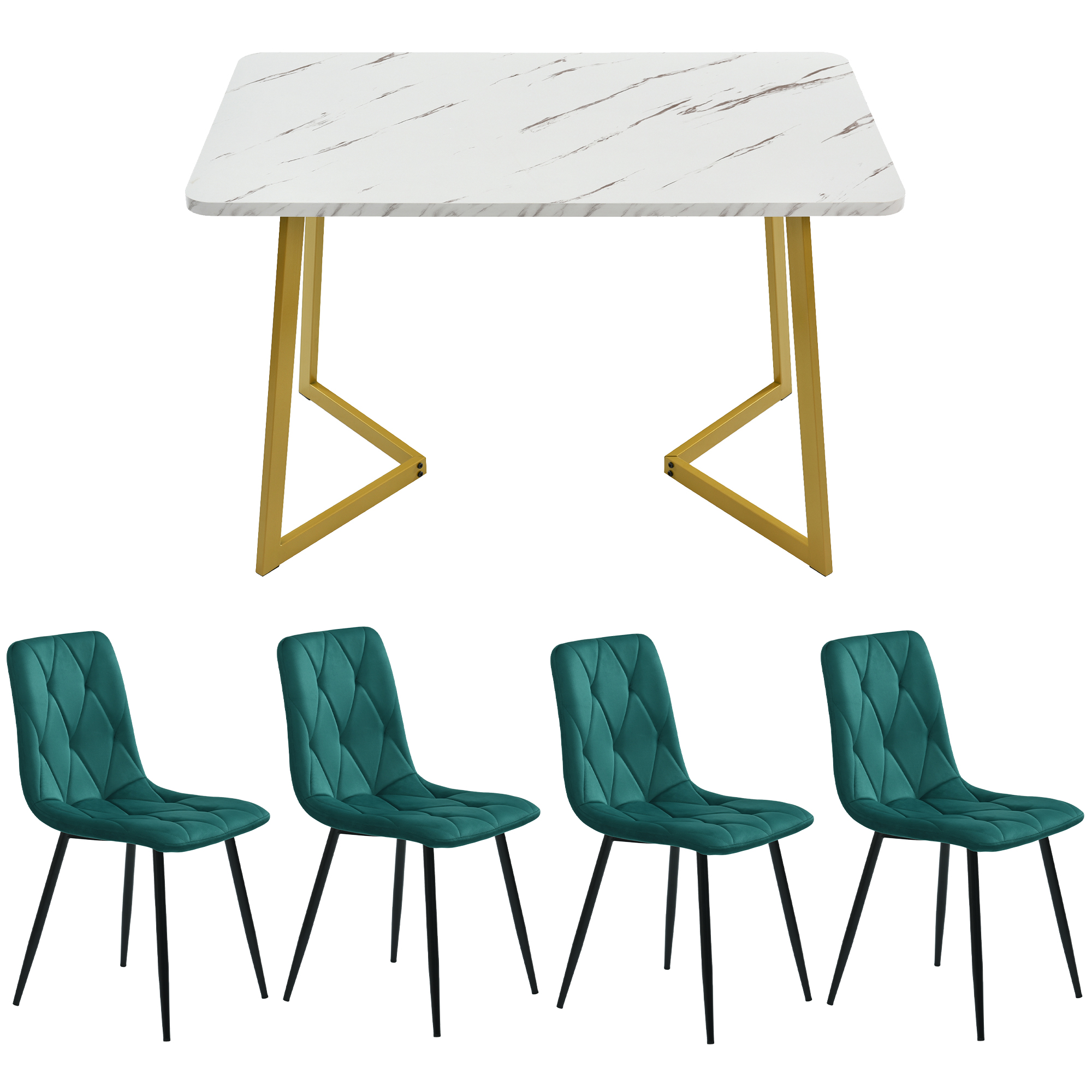 Ensemble table et chaises, 5 pièces, 1 table + 4 chaises, velours et MDF, vert foncé - vue 2