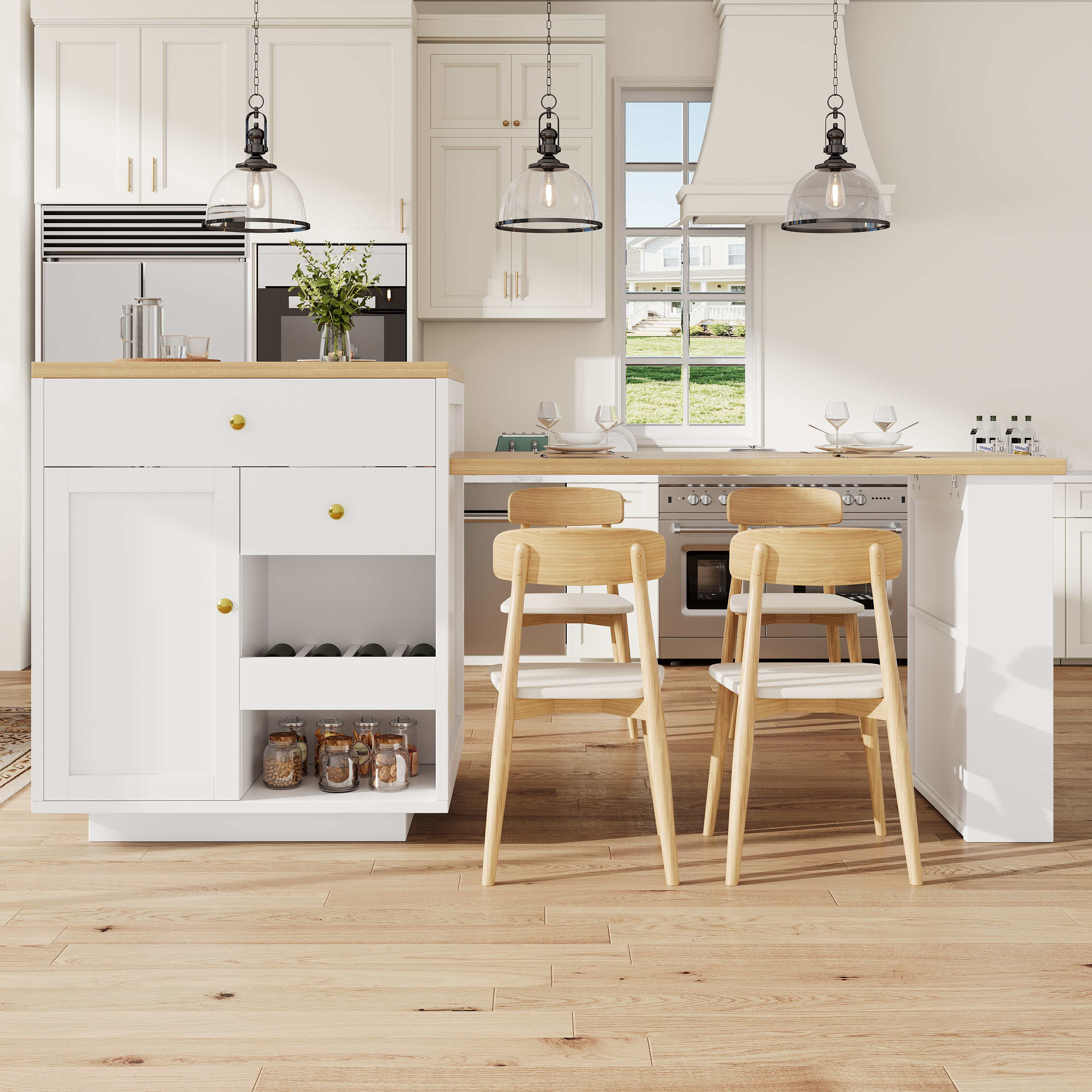 Ilot de cuisine multifonction avec plateau extensible, 122, 5–195, 5 cm, blanc/noir, capacité de charge jusqu'à 60 kg, îlot de cuisine, meuble de rangement, cuisine et salle à manger
