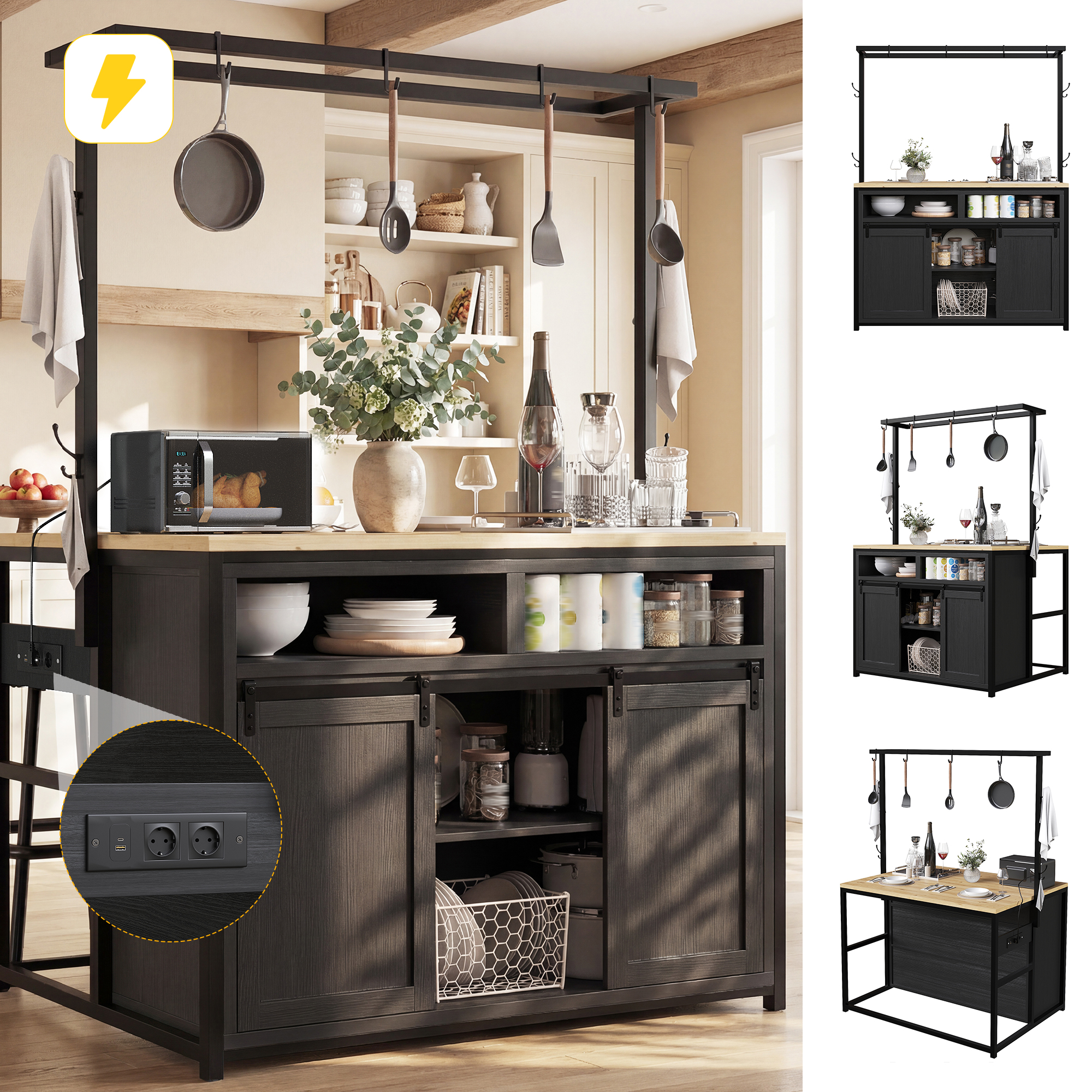 Meuble de cuisine avec plan de travail et branchement électrique, meuble îlot de cuisine de 183 cm de haut avec étagère suspendue, aspect bois/noir, pour cuisine et salle à manger, îlot de cuisine