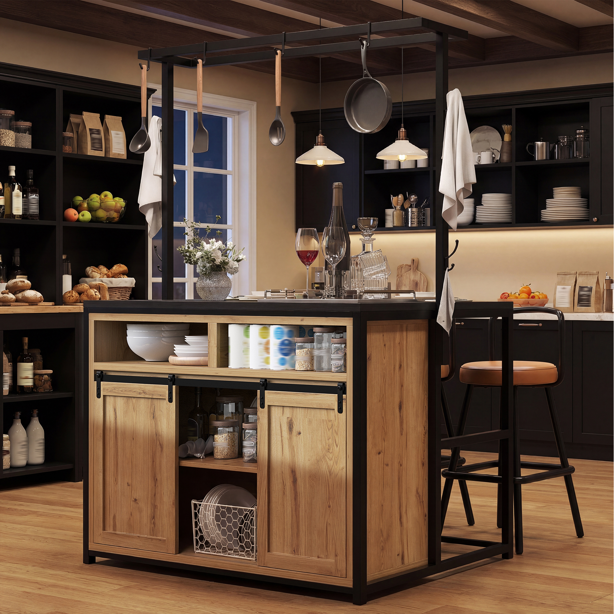 Ensemble d'îlot de cuisine avec 2 tabourets, armoire de cuisine avec prise électrique et tabourets de bar assortis, aspect bois/noir, pour cuisine et salle à manger, îlot de cuisine