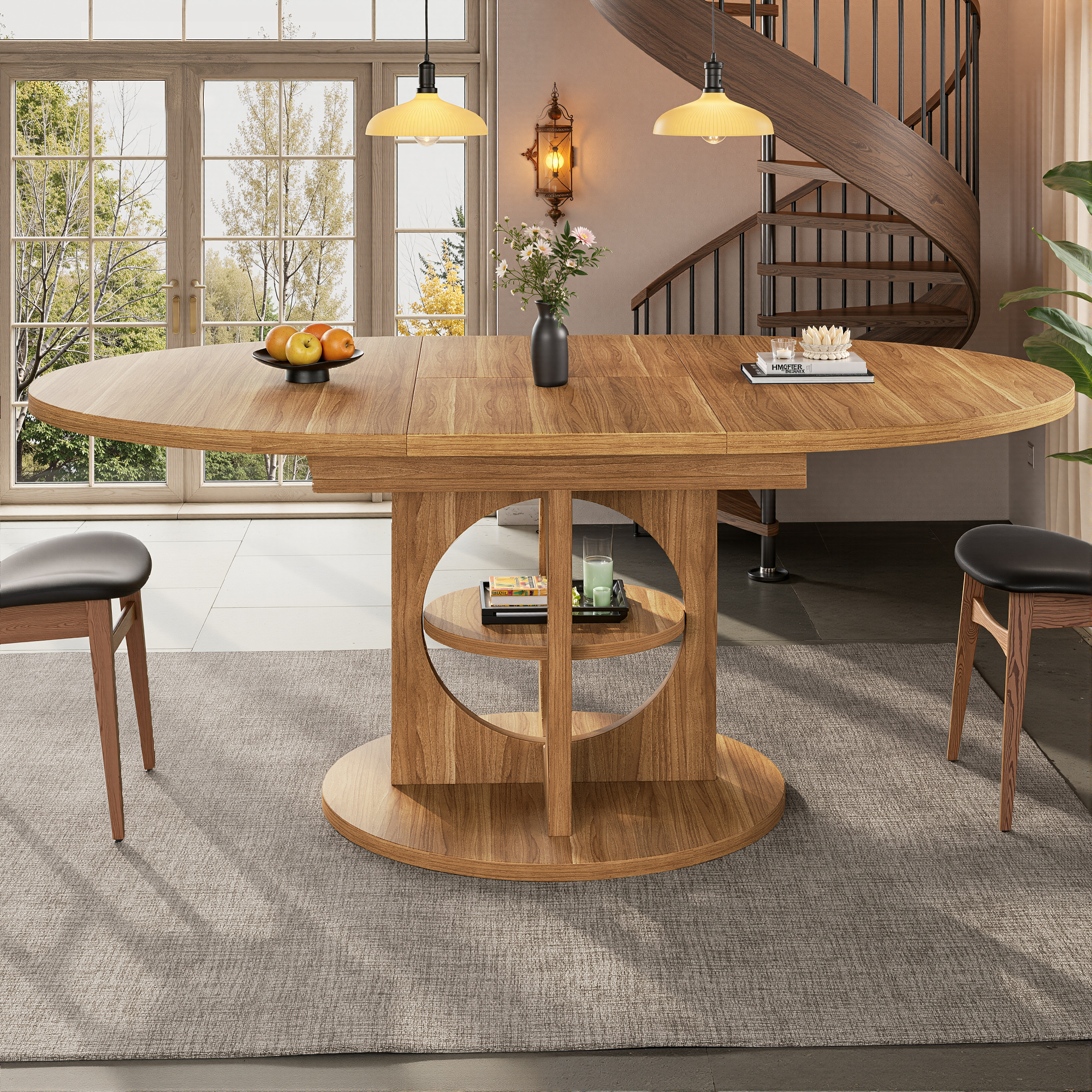 Table à manger extensible avec espace de rangement, 110–150 cm, aspect bois/noir, capacité de charge jusqu'à 60 kg, ronde à ovale, table à manger extensible, table de salle à manger