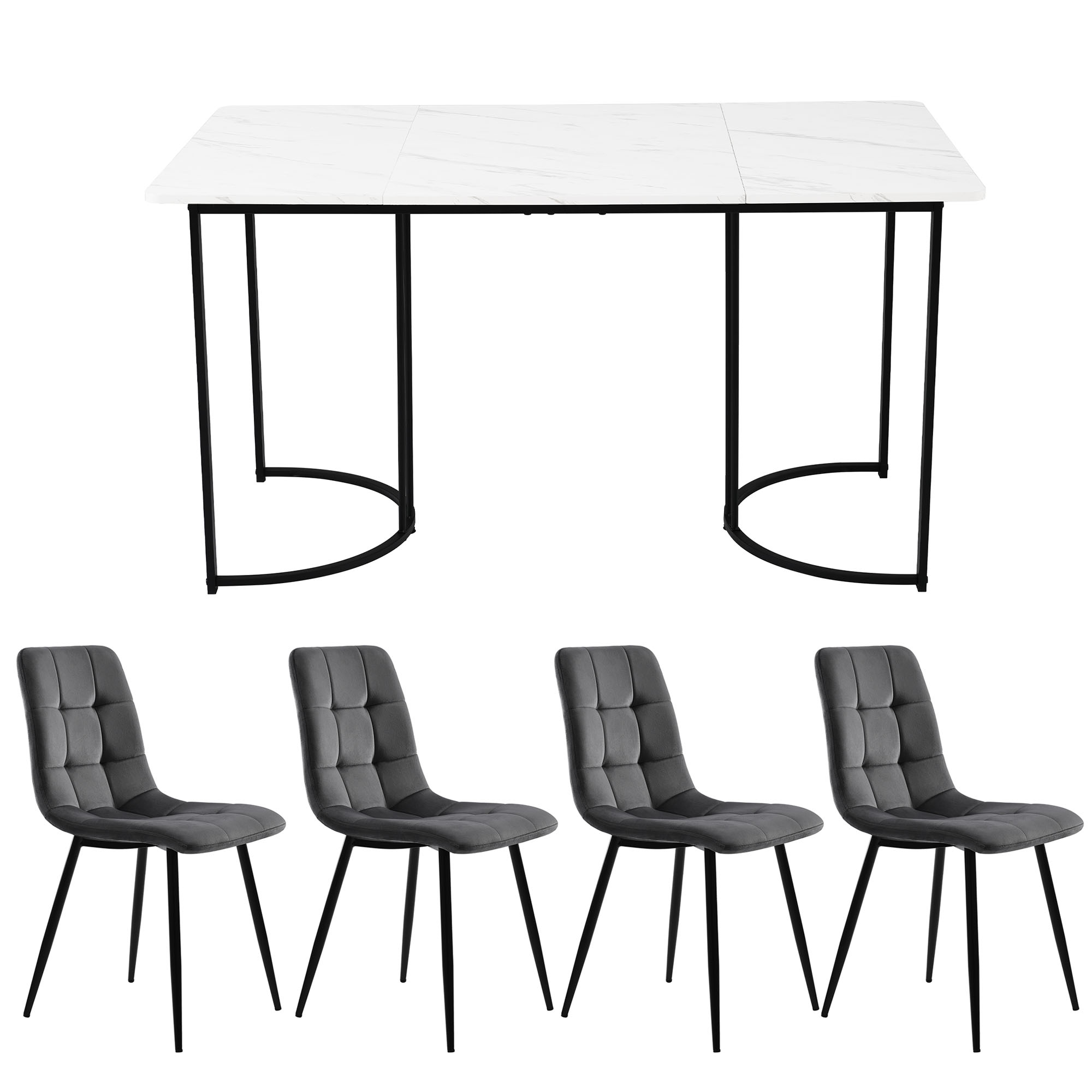 Ensemble table et chaises, 5 pièces, 1 table + 4 chaises, métal et velours, gris foncé - vue 2