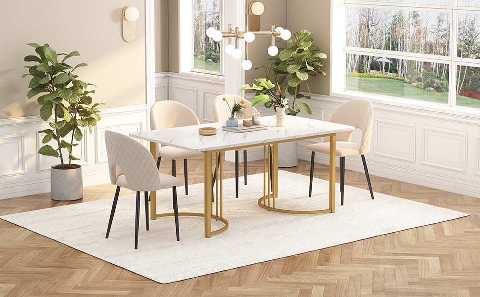 Ensemble table et chaises, 5 pièces, 1 table + 4 chaises, velours et MDF, blanc - vue 2