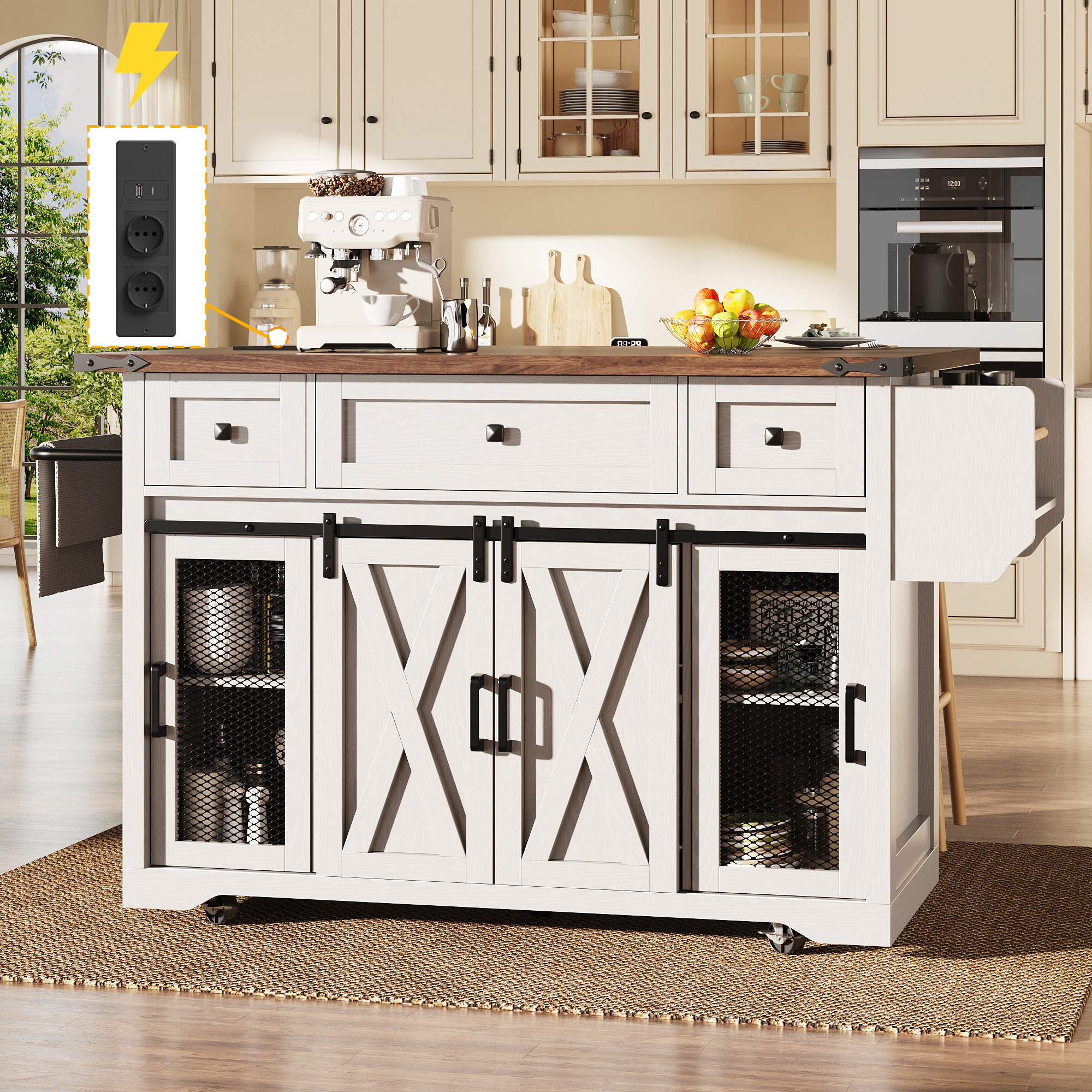 Chariot îlot de cuisine avec plan de travail extensible et prise électrique, hauteur de travail 91 cm, blanc/noir, capacité de charge jusqu'à 75 kg, desserte de cuisine, chariot de service