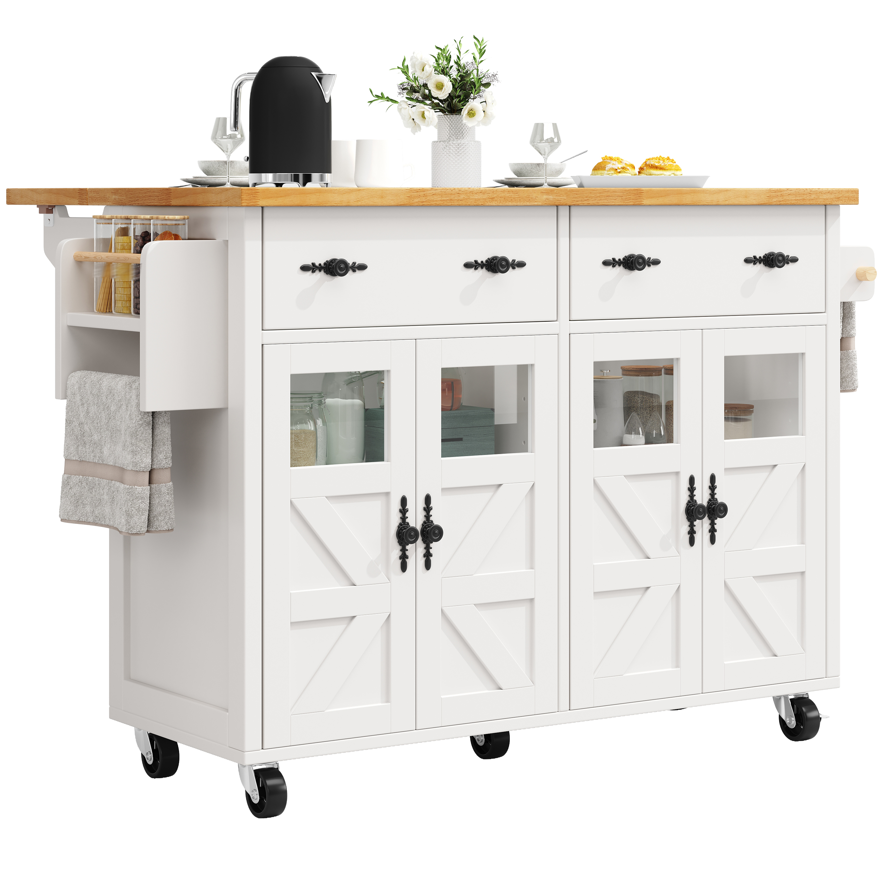 Chariot de service MDF/PB avec portes verre sécurité, plateau extensible, 5 roues (2 avec freins), convertible en buffet, pour cuisine et salon, design moderne, beaucoup de rangement, mobilité, stabilité, fonctionnalité - image 25