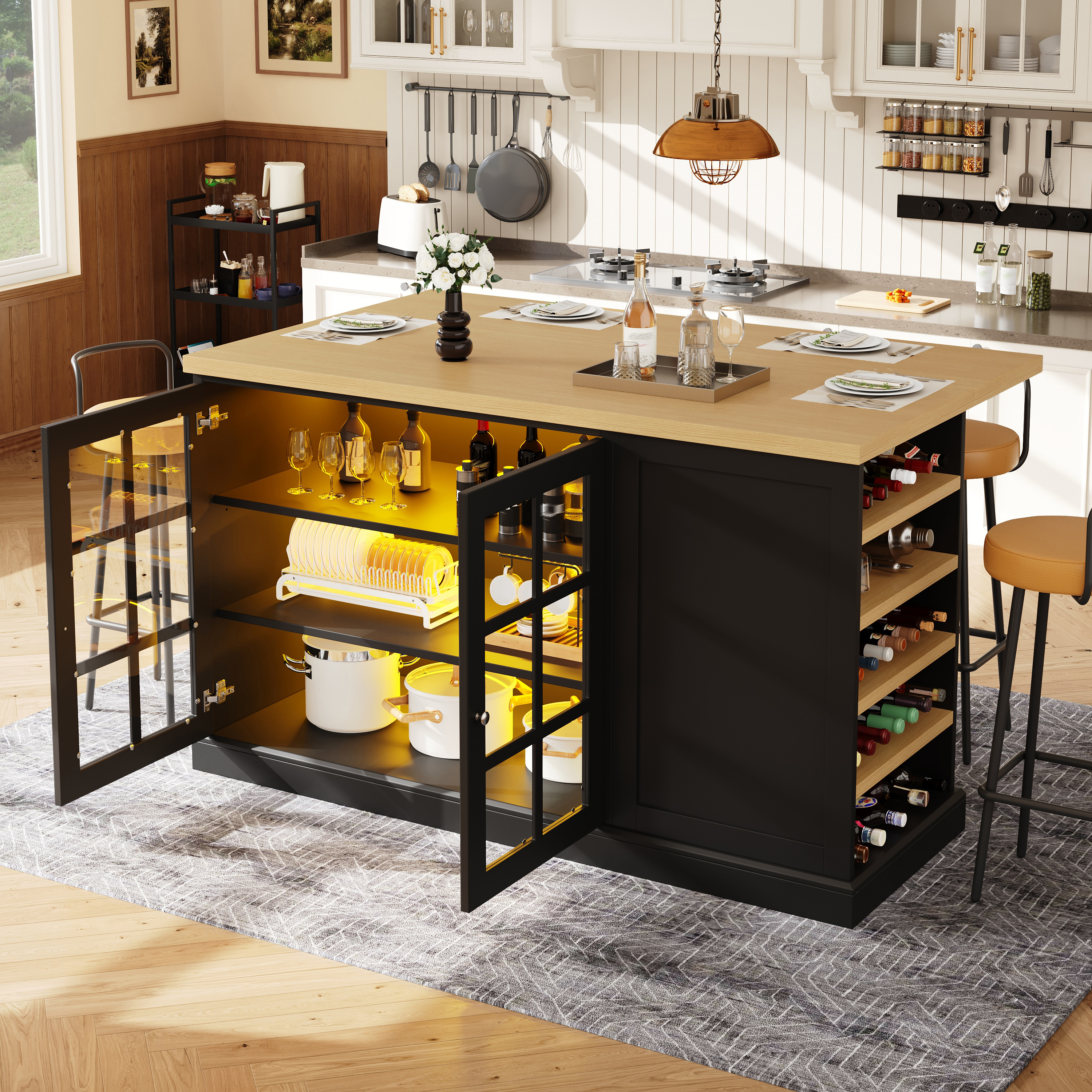 Table de bar pliante multifonctionnelle, îlot de cuisine avec lumière colorée LED intelligente, casier à vin incliné et tiroir de rangement, gain de place pour les petits appartements, fonctionnement