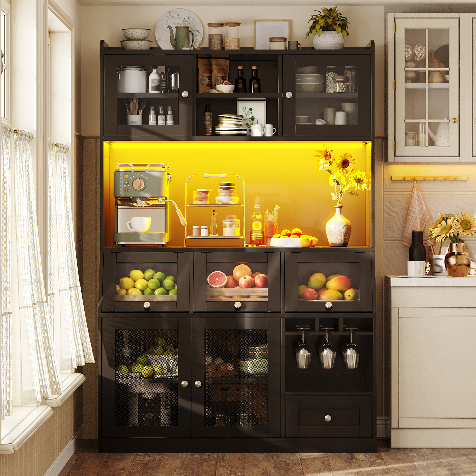 Armoires de cuisine (120 x 40 x 181, 7 cm), armoire haute avec port USB, espace de rangement multifonctionnel avec plan de travail généreux pour cuisine, salle à manger, buffets avec portes vitrées
