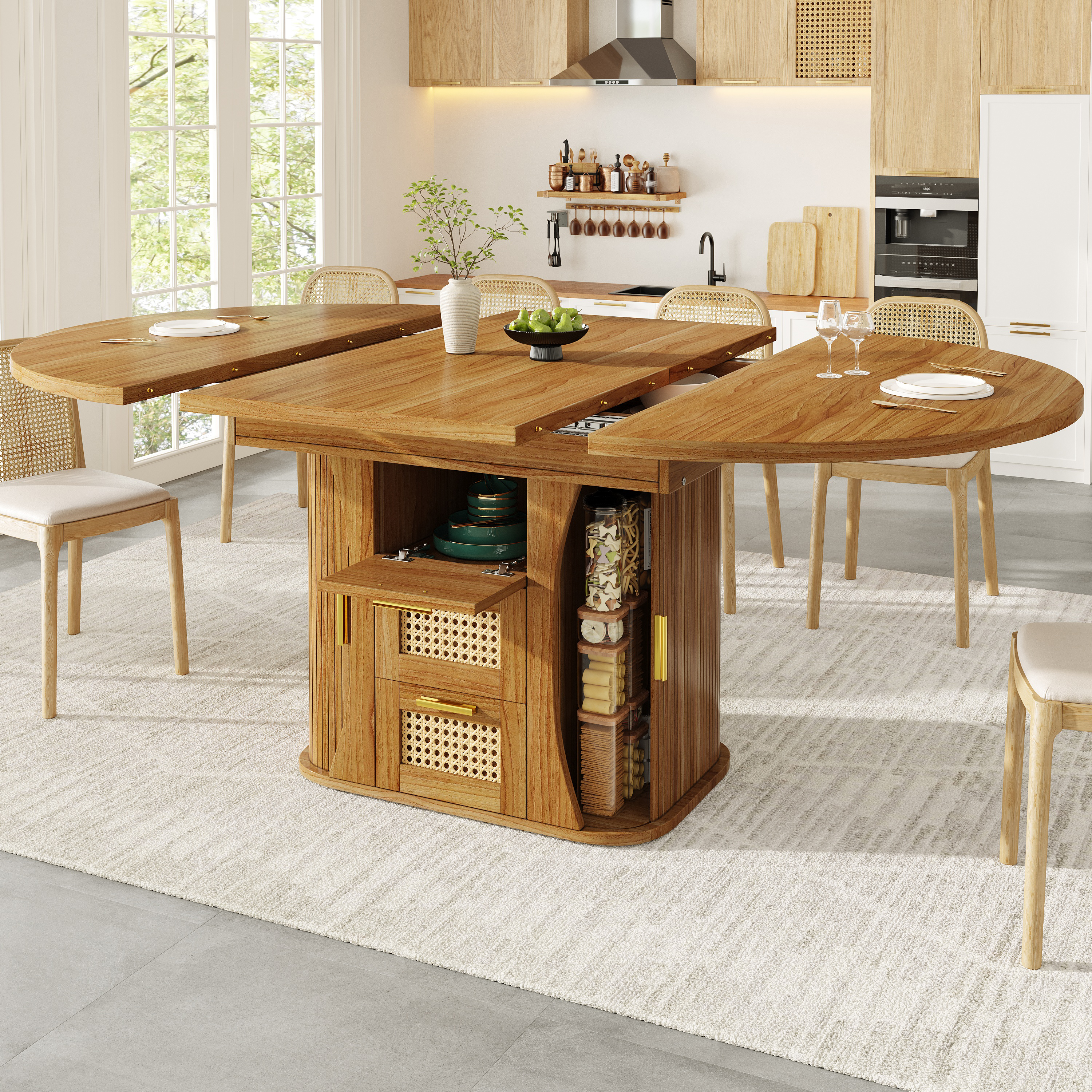 Table à manger extensible avec rangement, table 118-158 cm avec tiroirs en rotin, aspect bois MDF, noir/bois naturel/marron, table à manger extensible, table de salle à manger, mobilier de cuisine
