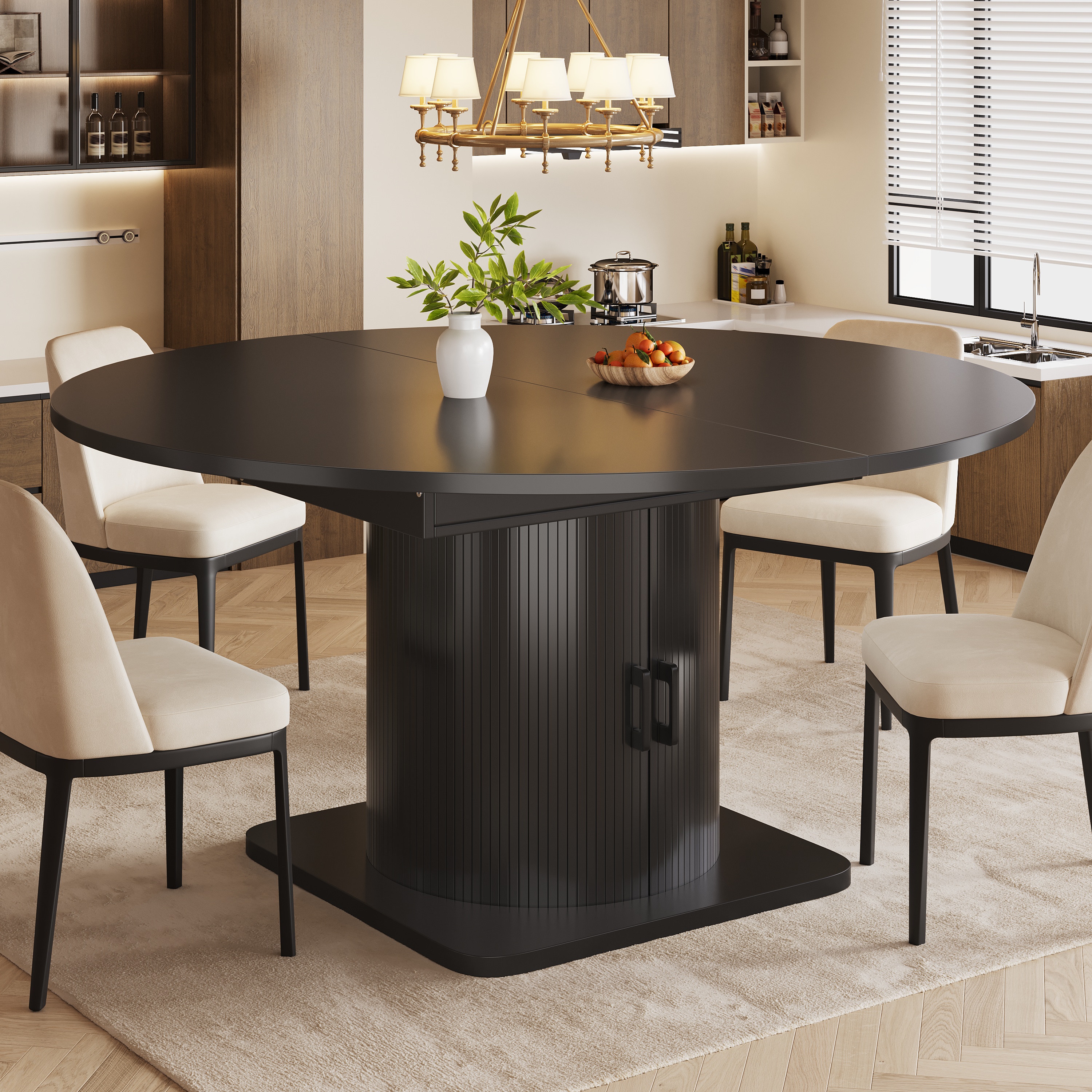 Table à manger extensible avec espace de rangement, table multifonctionnelle avec étagères amovibles, table de cuisine peu encombrante pour petites pièces et salles à manger, plateau en MDF, noir