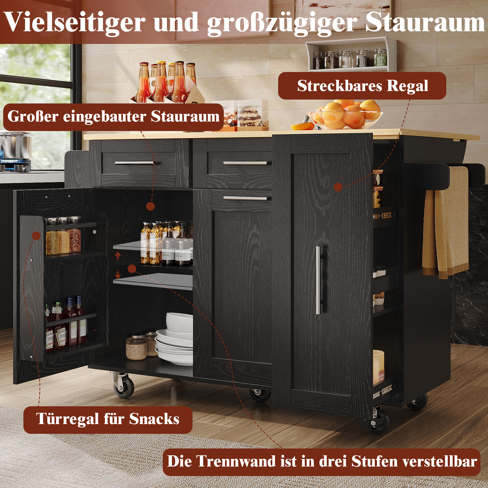 Îlot de cuisine 110×46×90.5 cm avec plateau escamotable 74 cm, MDF imitation bois, poignées zinc, rangements flexibles, pour cuisine, design moderne, beaucoup de stockage, style fonctionnel, stabilité, facile entretien - image 19