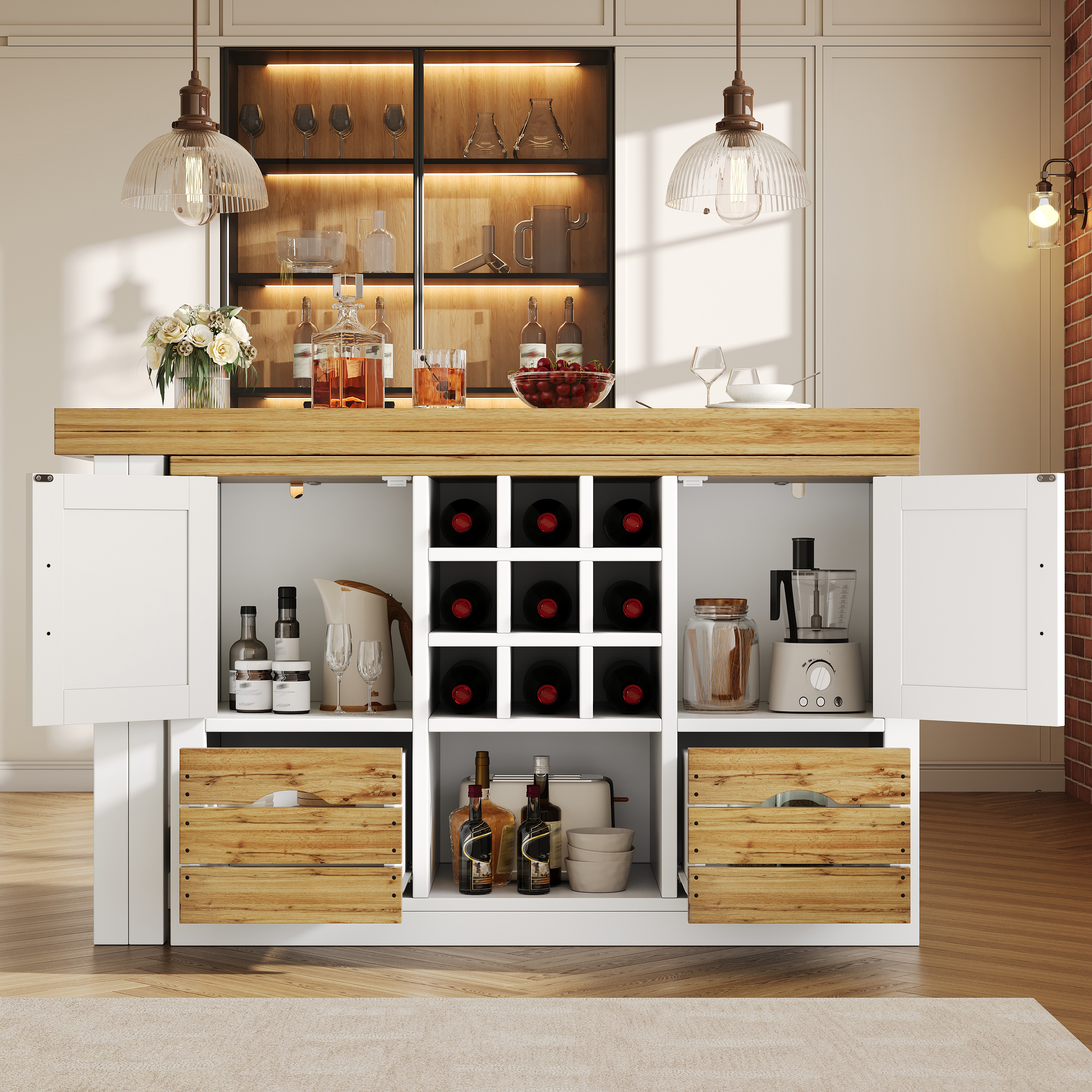 Table à manger extensible avec îlot de cuisine, table à manger multifonctionnelle avec buffet, plateau rotatif à 360°, table de cuisine extensible avec grand espace de rangement, élément mural