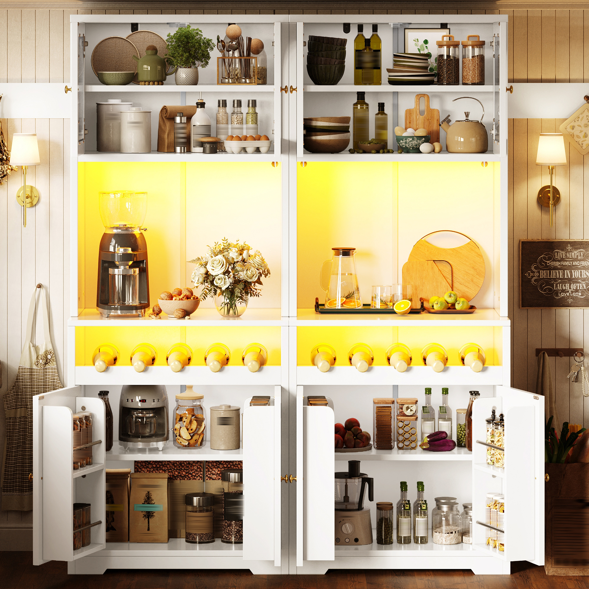 Ensemble composé de 2 buffets hauts blancs 180 cm, chacun avec App-RGB-LED, portes vitrées, casier à vin & anti-basculement, étagères réglables, buffet de cuisine, meuble de rangement
