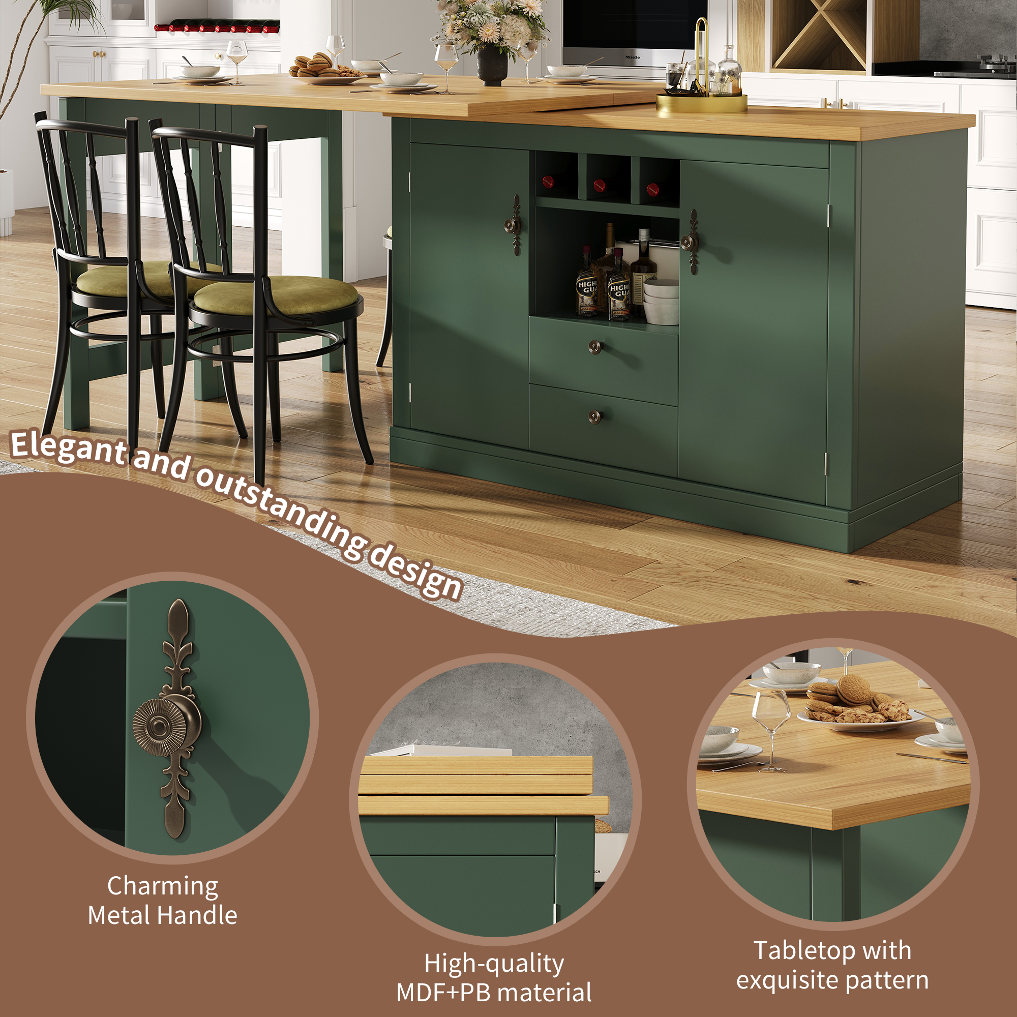 Table de bar extensible vert foncé avec rangement